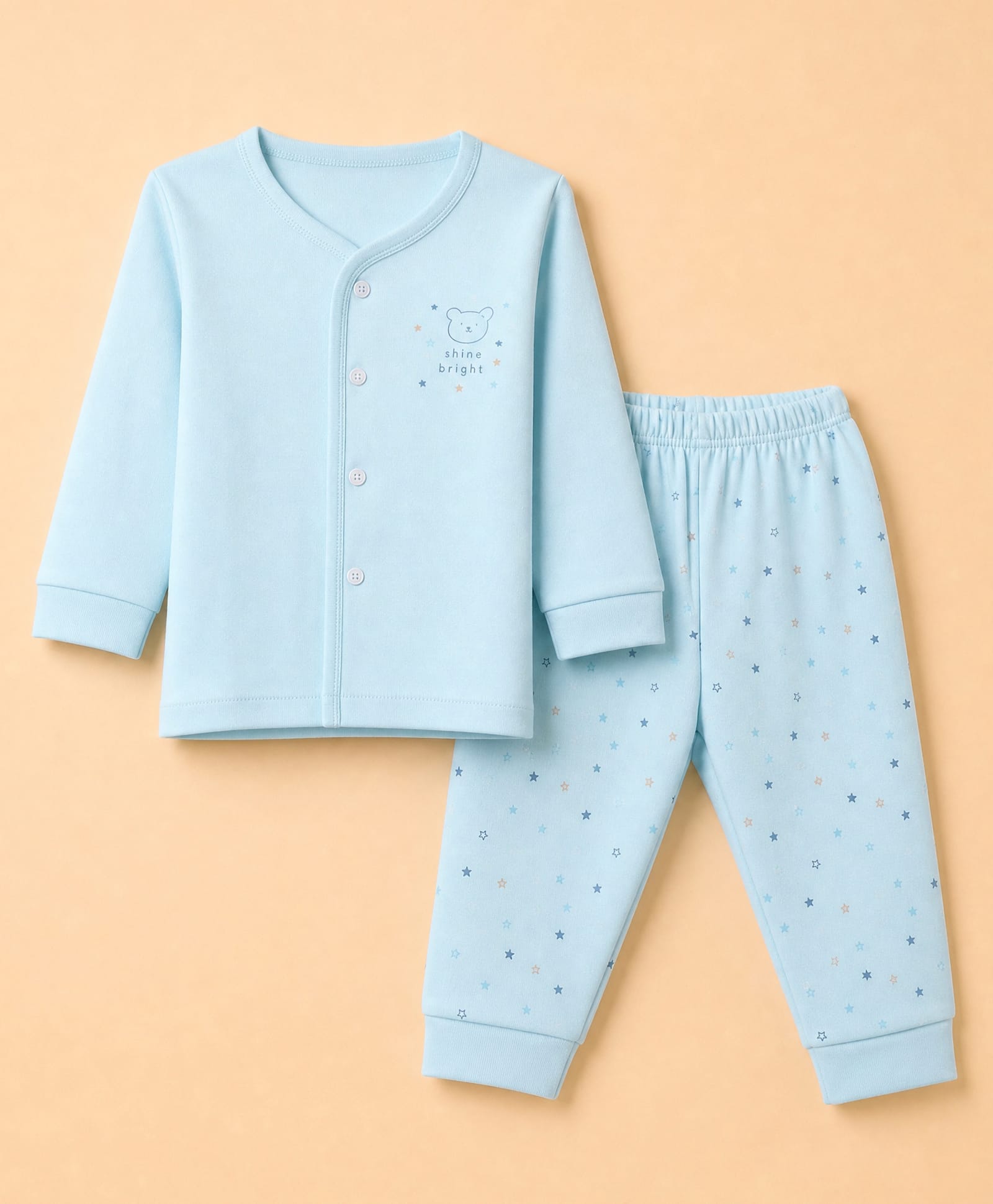 Zero Interlock Knit Full Sleeves T-Shirt & Pyjama Night Suit Set With Star & Text Print - Sea Green-picture-32