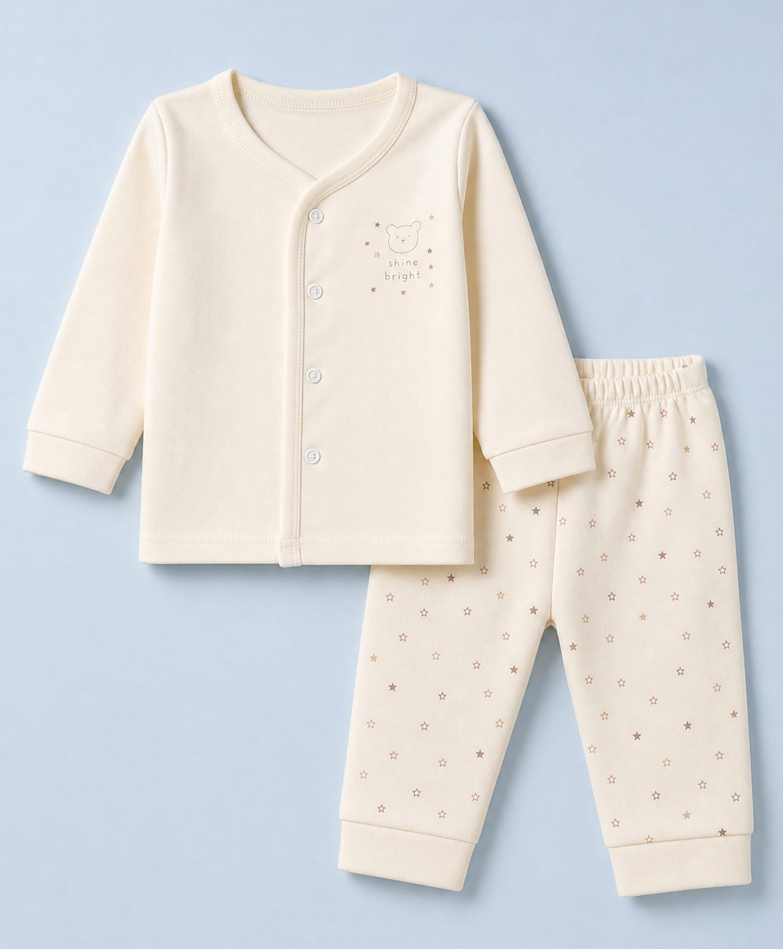 Zero Interlock Knit Full Sleeves T-Shirt & Pyjama Night Suit Set With Star & Text Print - Cream-picture-15