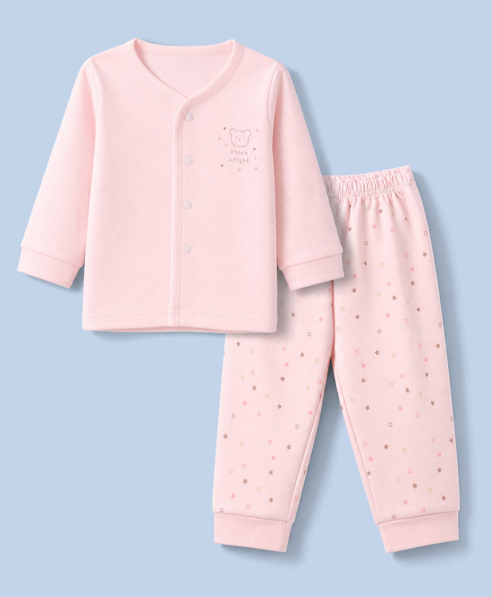 Zero Interlock Knit Full Sleeves T-Shirt & Pyjama Night Suit Set With Star & Text Print - Light Peach-picture-36