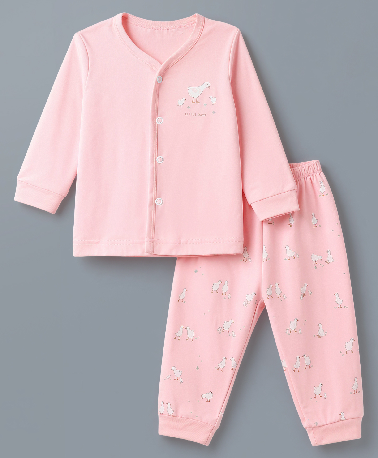 Zero Interlock Knit Full Sleeves T-Shirt & Pyjama Night Suit Set With Duck & Text Print - Peach-picture-28