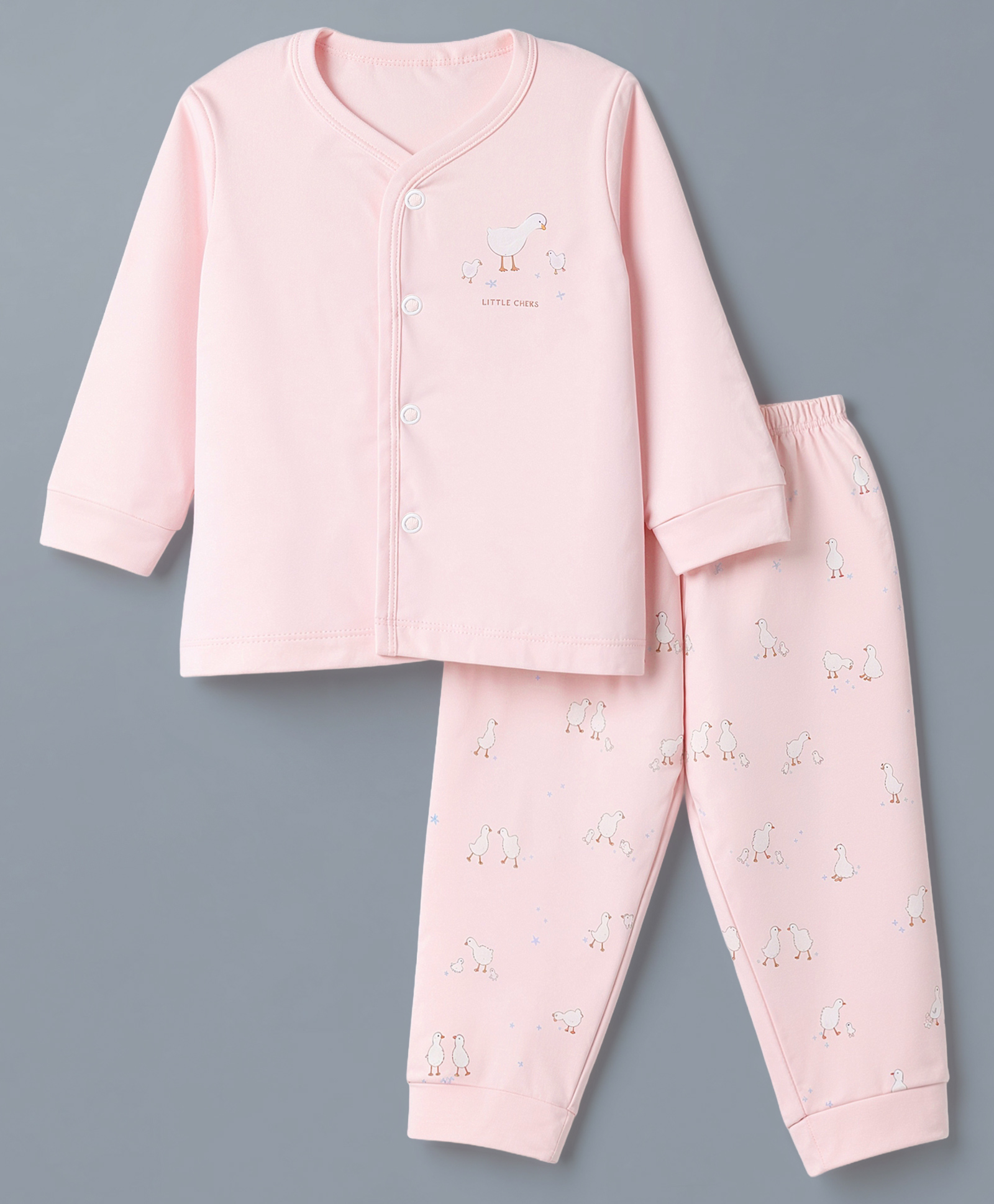 Zero Interlock Knit Full Sleeves T-Shirt & Pyjama Night Suit Set With Duck & Text Print - Pink-picture-18