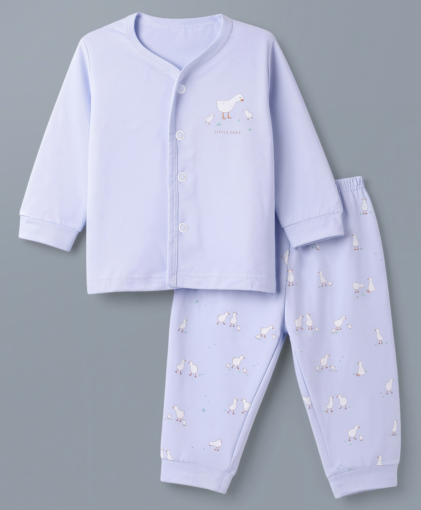 Zero Interlock Knit Full Sleeves T-Shirt & Pyjama Night Suit Set With Duck & Text Print - Light Blue-picture-34