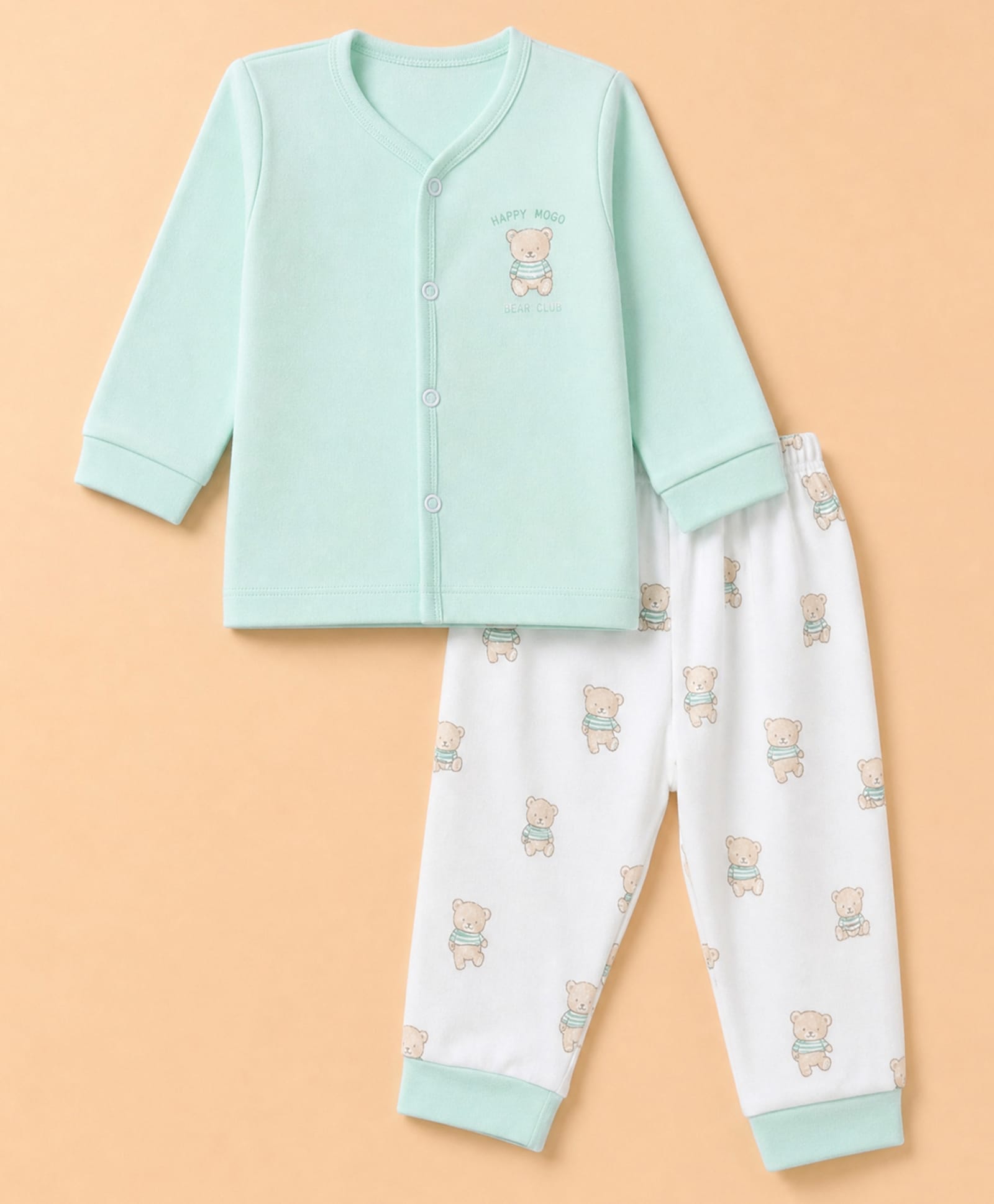 Zero Interlock Knit Full Sleeves T-Shirt & Pyjama Night Suit Set With Bear & Text Print - Aqua Blue-picture-26