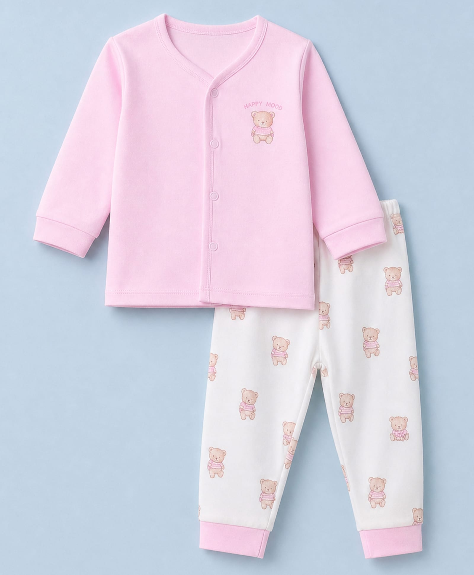 Zero Interlock Knit Full Sleeves T-Shirt & Pyjama Night Suit Set With Bear & Text Print - Pink-picture-11