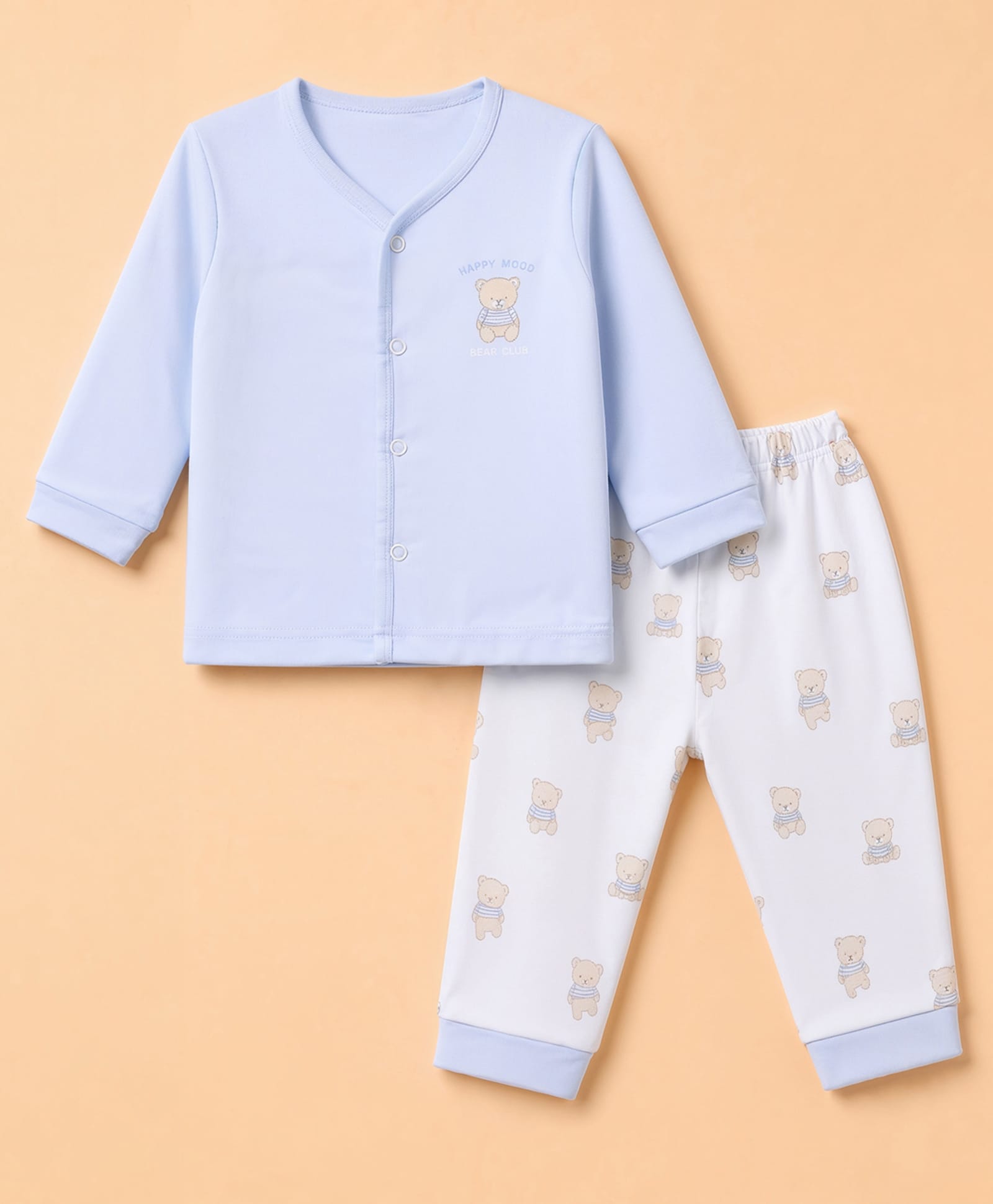 Zero Interlock Knit Full Sleeves T-Shirt & Pyjama Night Suit Set With Bear & Text Print - Light Blue-picture-43