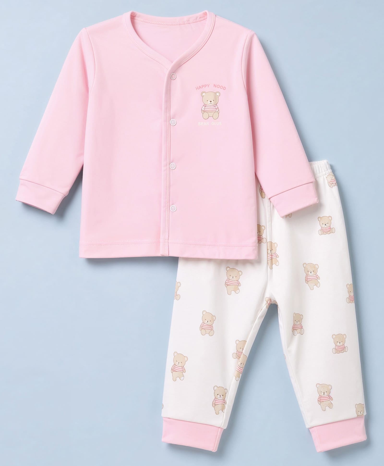 Zero Interlock Knit Full Sleeves T-Shirt & Pyjama Night Suit Set With Bear & Text Print - Light Pink-picture-5