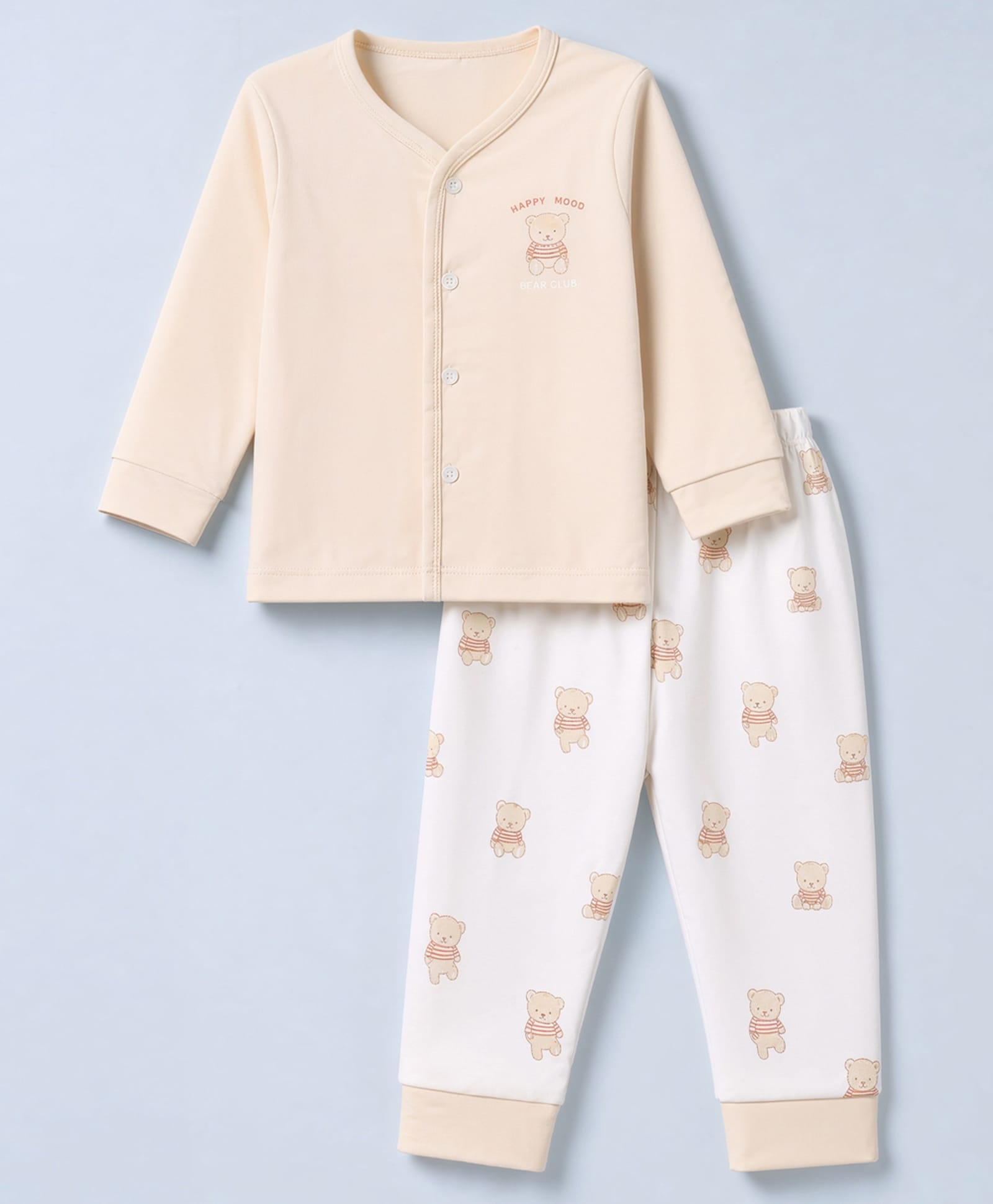 Zero Interlock Knit Full Sleeves T-Shirt & Pyjama Night Suit Set With Bear & Text Print - Beige-picture-35