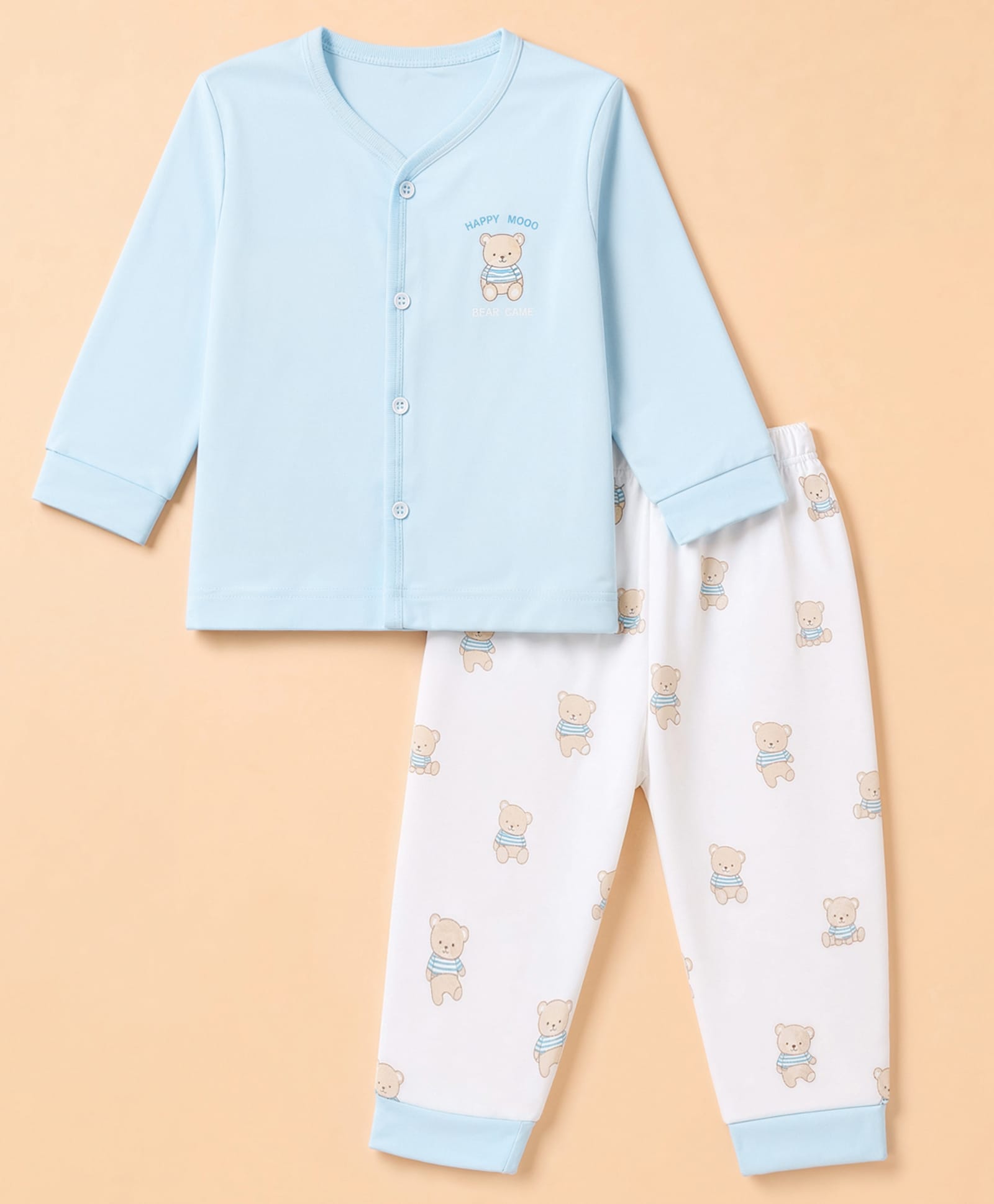 Zero Interlock Knit Full Sleeves T-Shirt & Pyjama Night Suit Set With Bear & Text Print - Blue-picture-20