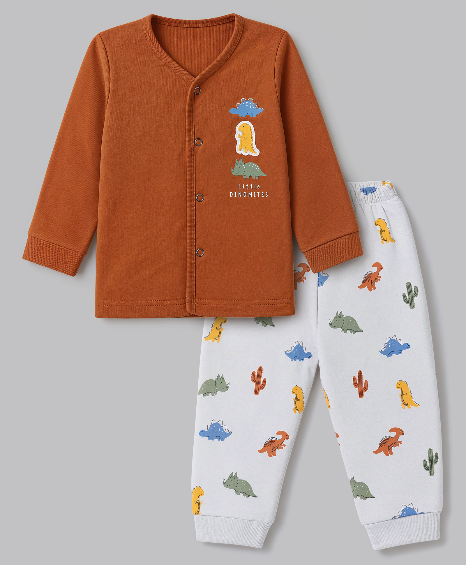 Zero Interlock Knit Full Sleeves T-Shirt & Pyjama Night Suit Set With Dinosaur & Text Print - Rust Orange-picture-23