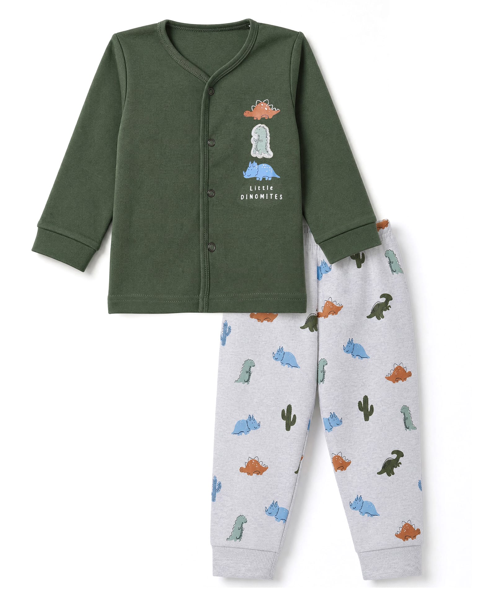 Zero Interlock Knit Full Sleeves T-Shirt & Pyjama Night Suit Set With Dinosaur & Text Print - Green-picture-13