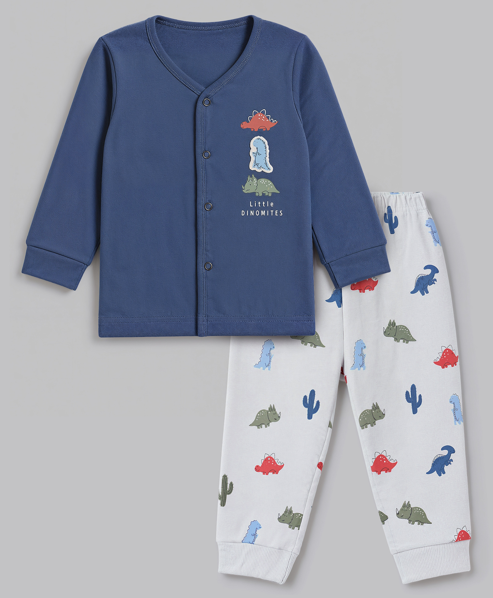 Zero Interlock Knit Full Sleeves T-Shirt & Pyjama Night Suit Set With Dinosaur & Text Print - Blue-picture-8