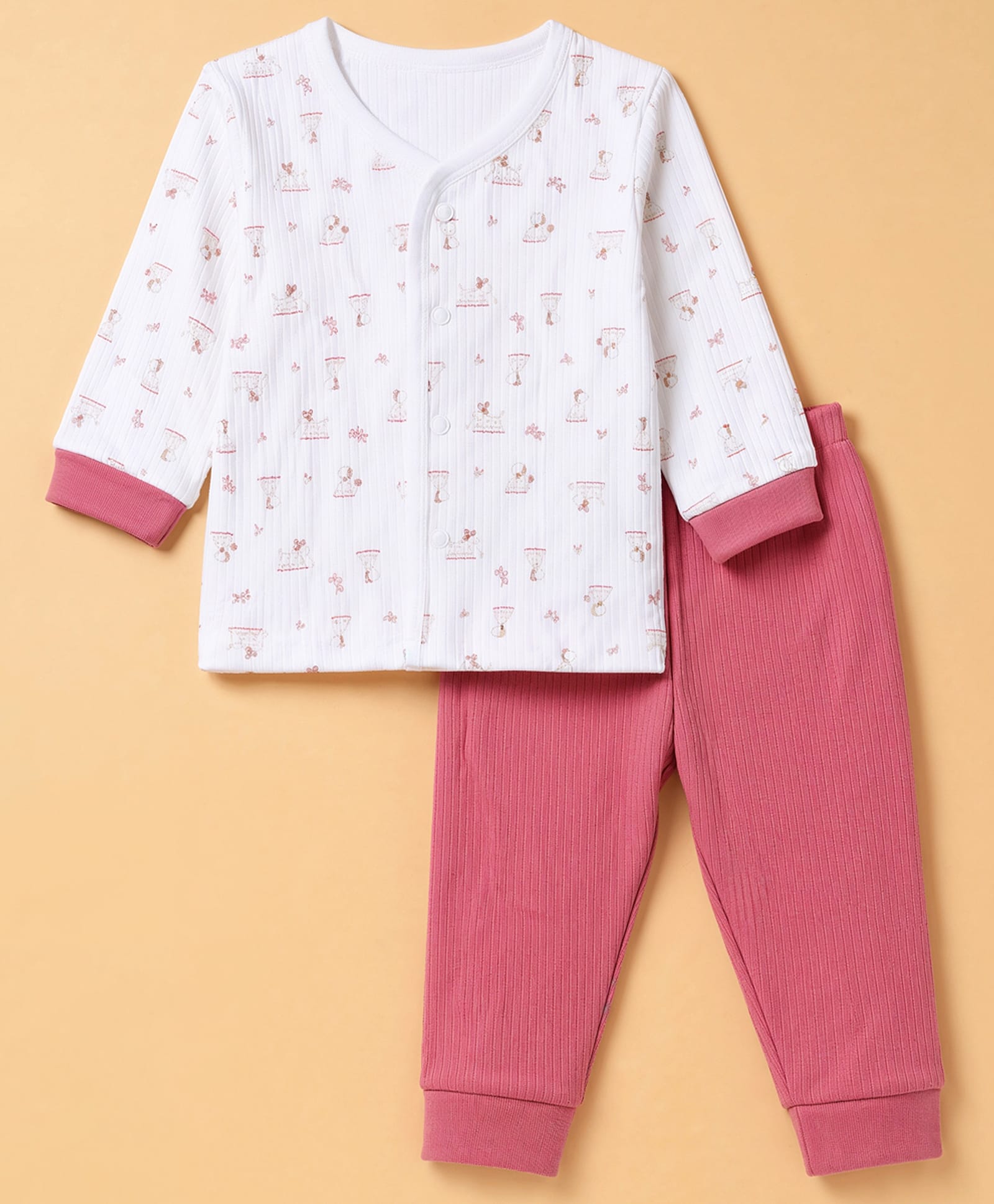 Zero Interlock Knit Full Sleeves T-Shirt & Pyjama Night Suit Set With Animal Print - Pink-picture-43