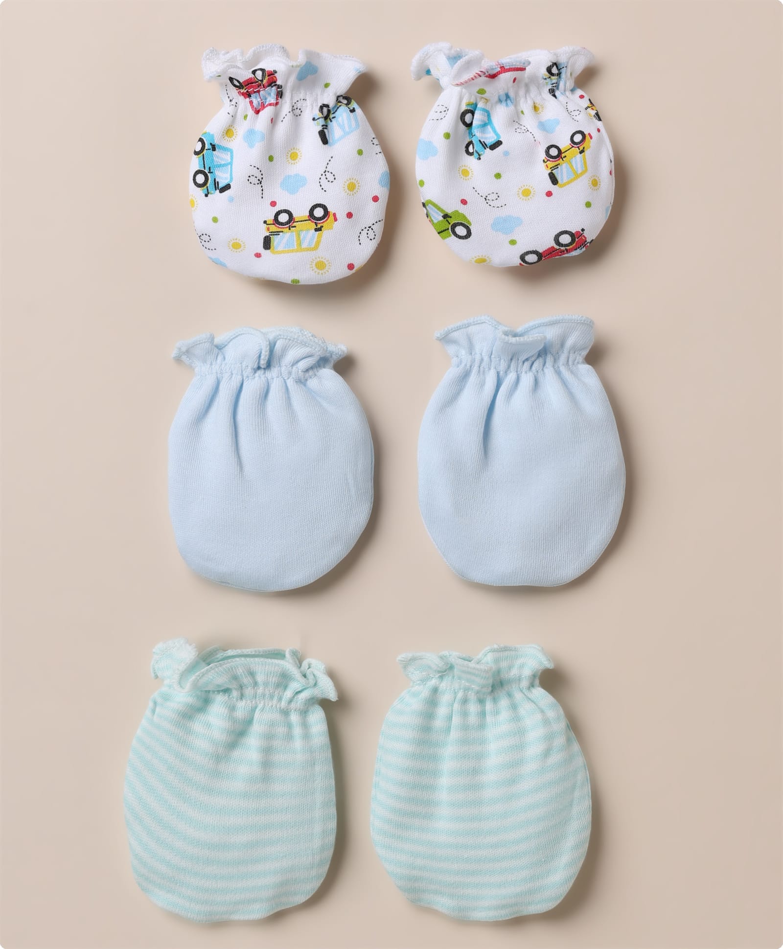 Ben Benny Interlock Knit Striped Mittens with Vehicle Print Pack of 3 - Turquoise Light Blue White-picture-7