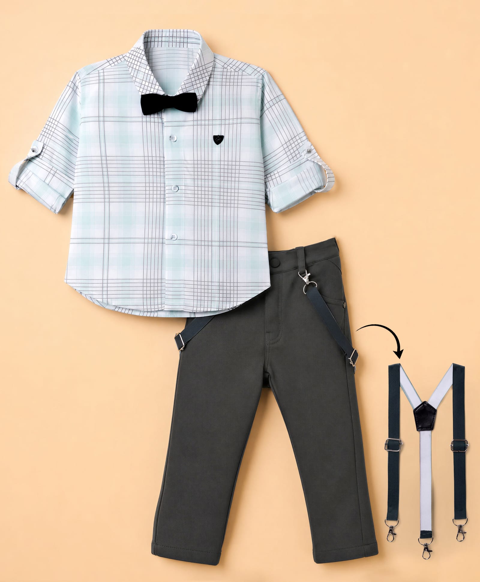 Dapper Dudes Woven Full Sleeves Checked Shirt Pant Set with Suspender & Bow - Green-picture-11