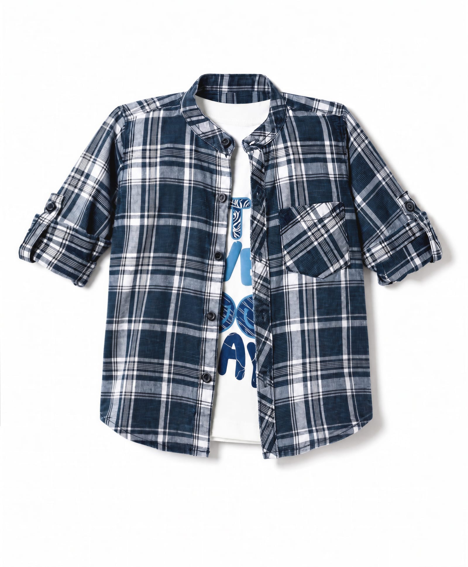 Dapper Dudes Woven Full Sleeves Tartan Checked Shirt with Attached T-Shirt -Navy Blue-image-14
