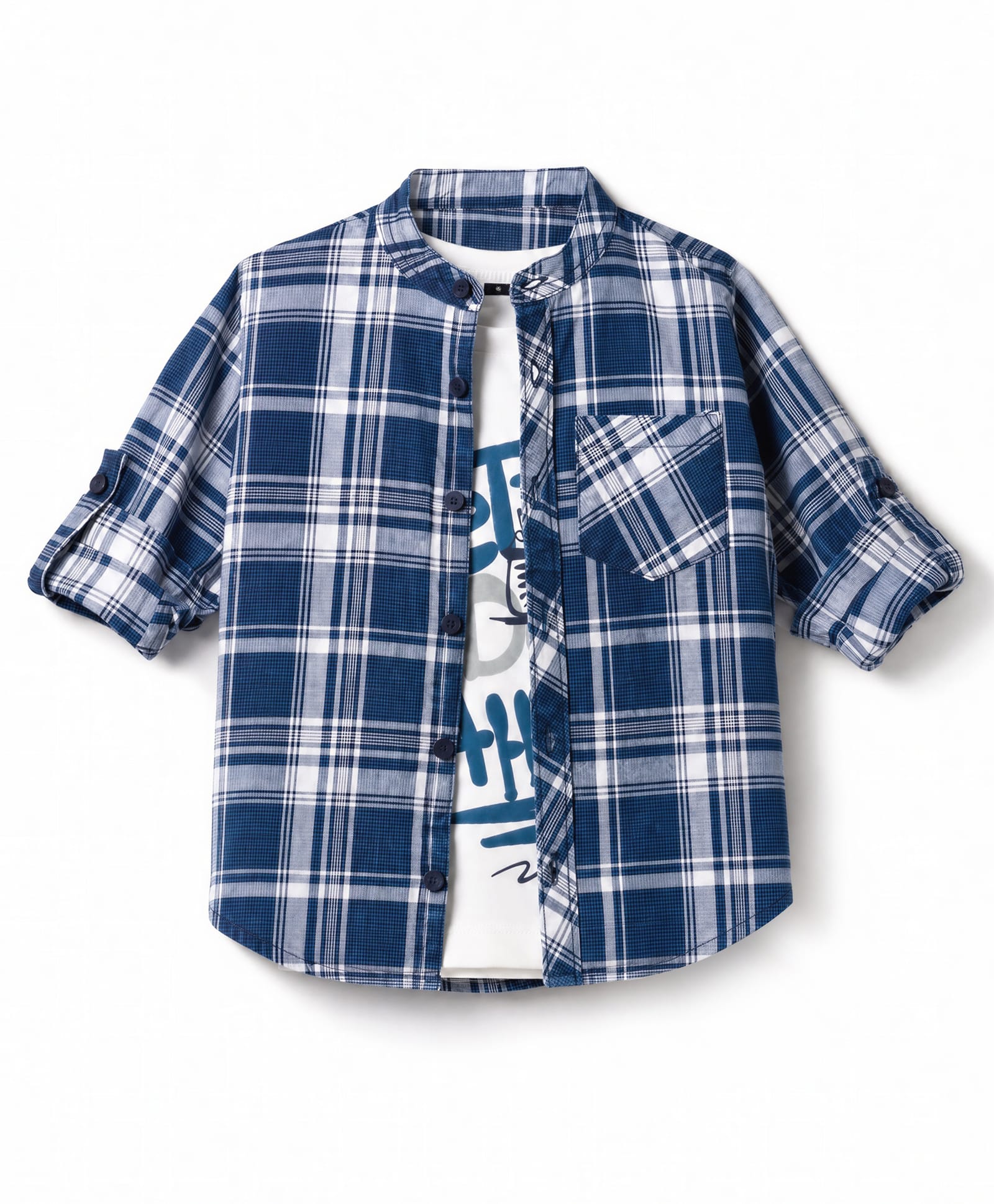 Dapper Dudes Woven Full Sleeves Tartan Checked Shirt with Attached T-Shirt - Blue-picture-26