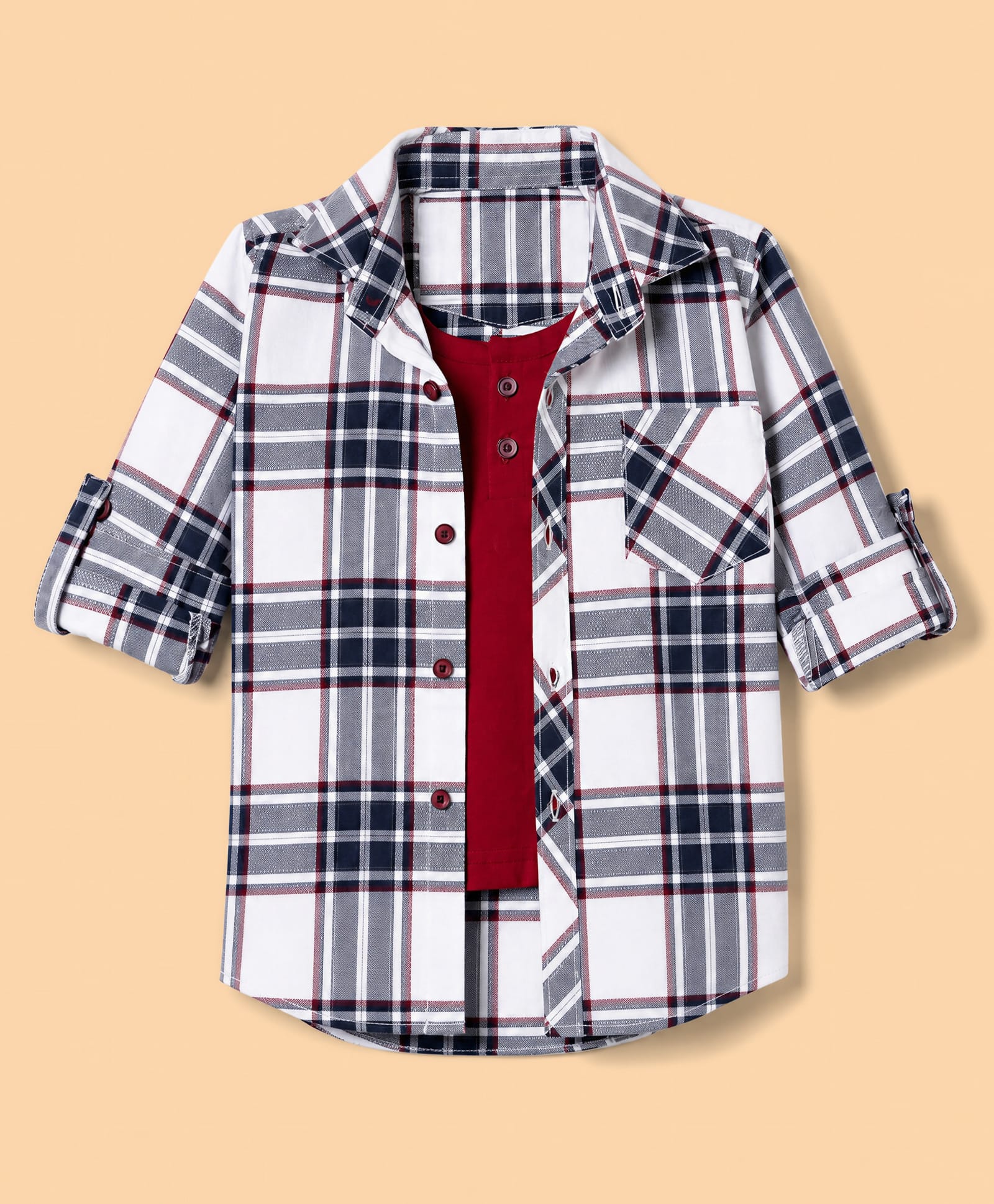 Dapper Dudes Woven Full Sleeves Tartan Checked Shirt with Attached T-Shirt -Red-image-11