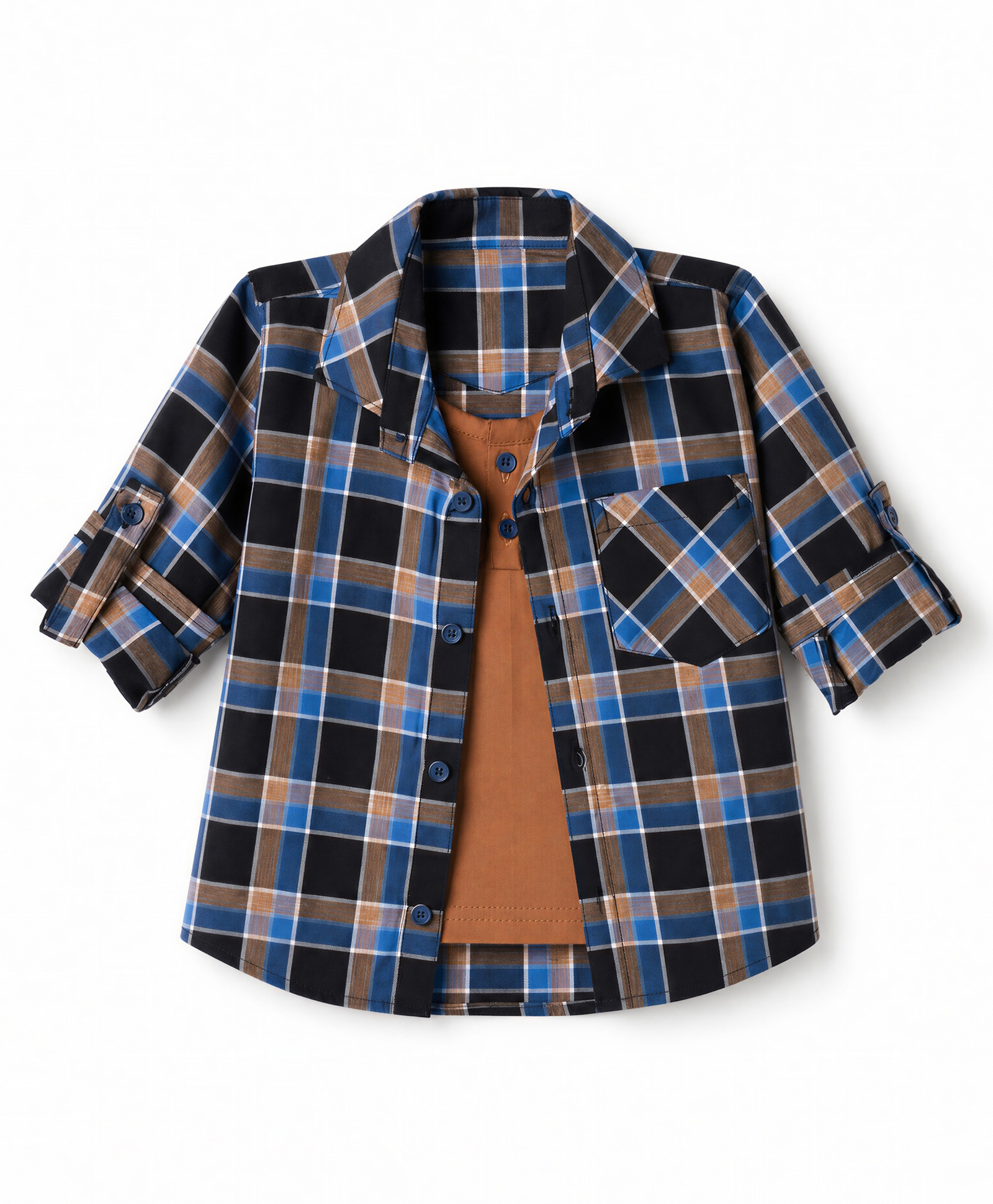 Dapper Dudes Woven Full Sleeves Tartan Checked Shirt with Attached T-Shirt -Brown-image-49