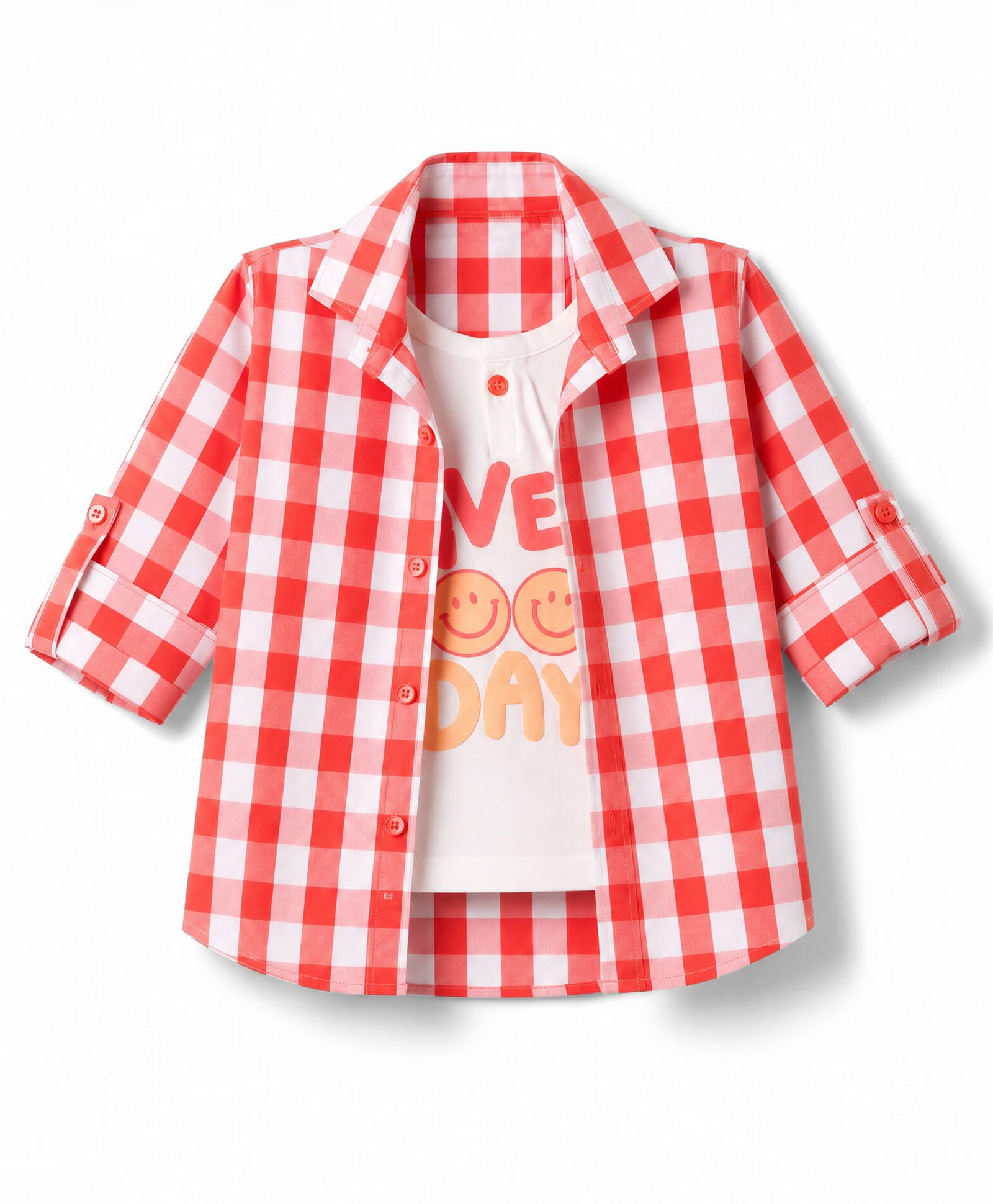 Dapper Dudes Woven Full Sleeves Checked Shirt with Attached T-Shirt with Smiley Print - Orange-picture-27