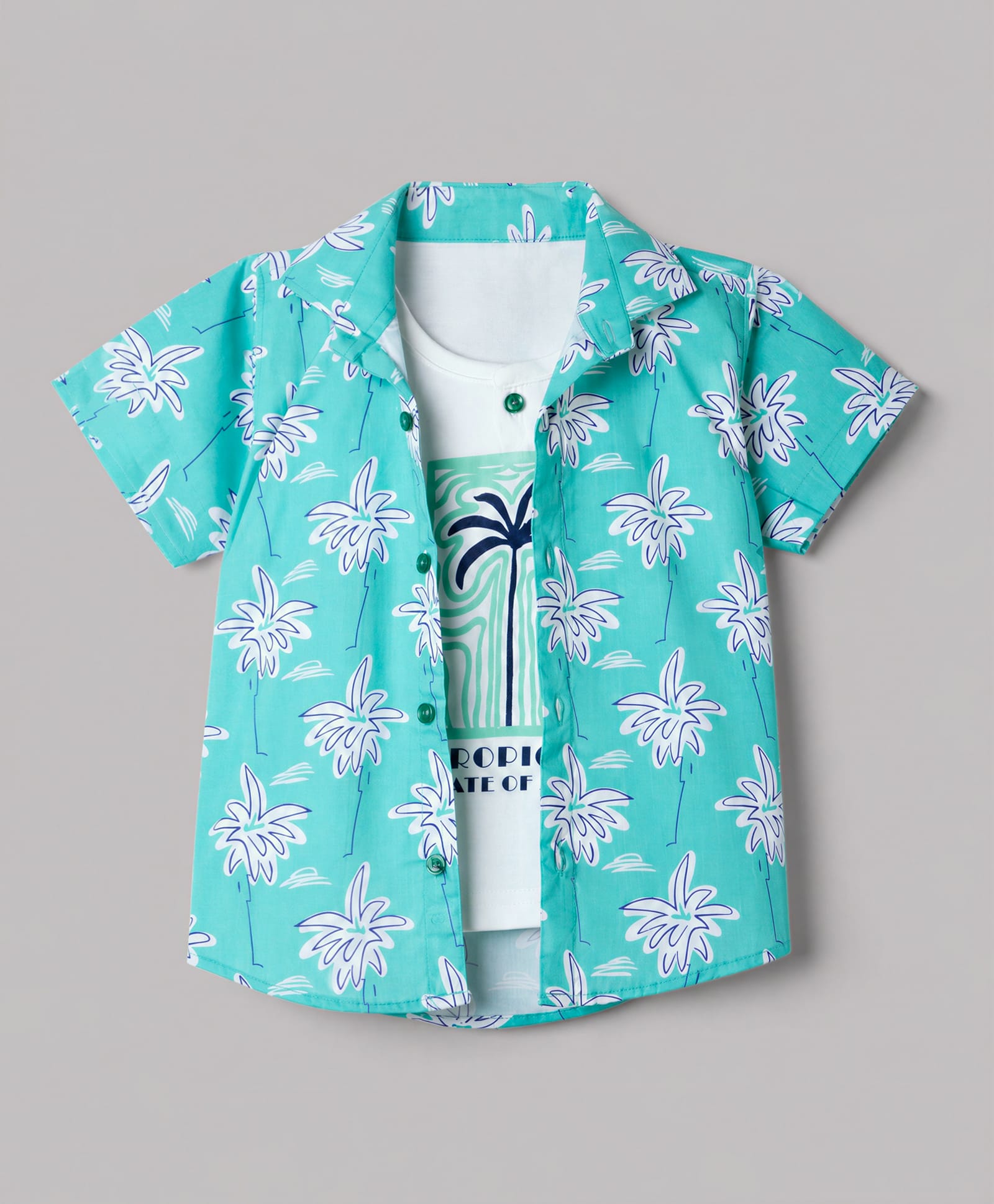 Dapper Dudes Woven Half Sleeves Palm Tree Printed Shirt with Attached T-Shirt - Aqua Blue-picture-22