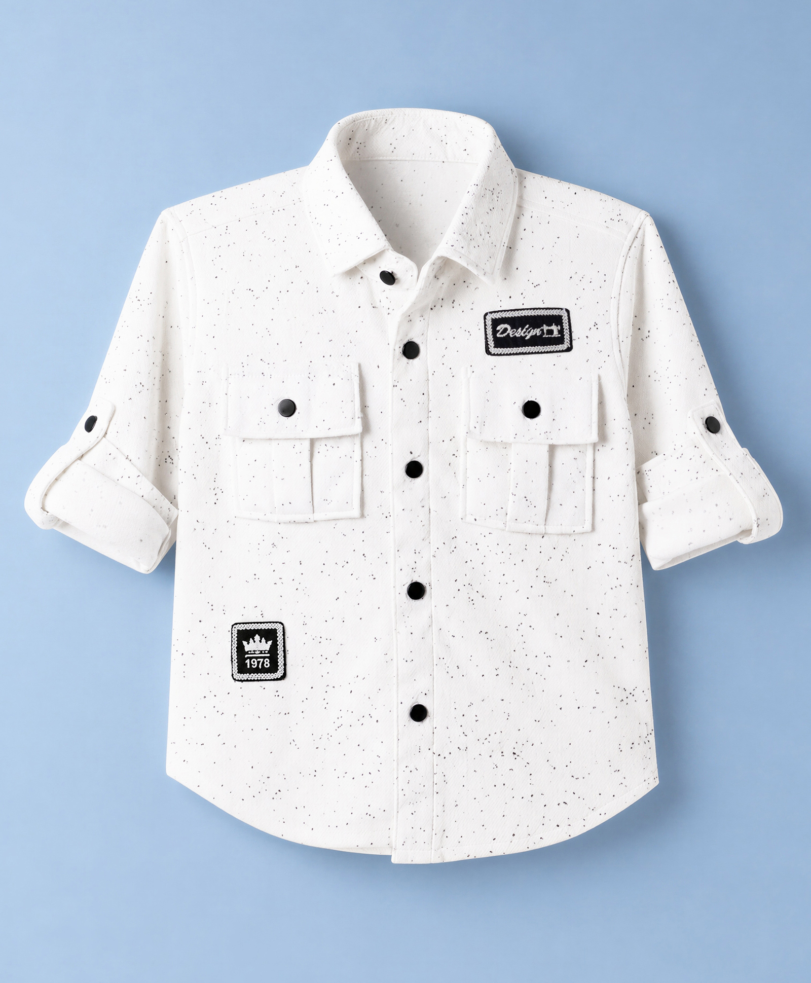 Dapper Dudes Woven Full Sleeves Shirt with Speckled Print & Patch - White & Black-picture-16