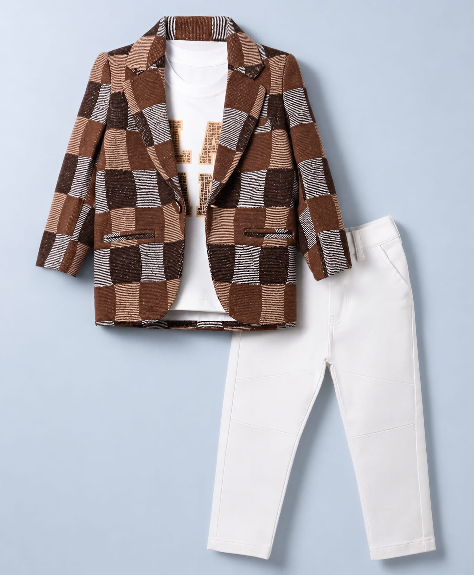 Dapper Dudes Woven Full Sleeves Checked Blazer With Play Hard Printed Tee & Pant Set-Brown-image-26