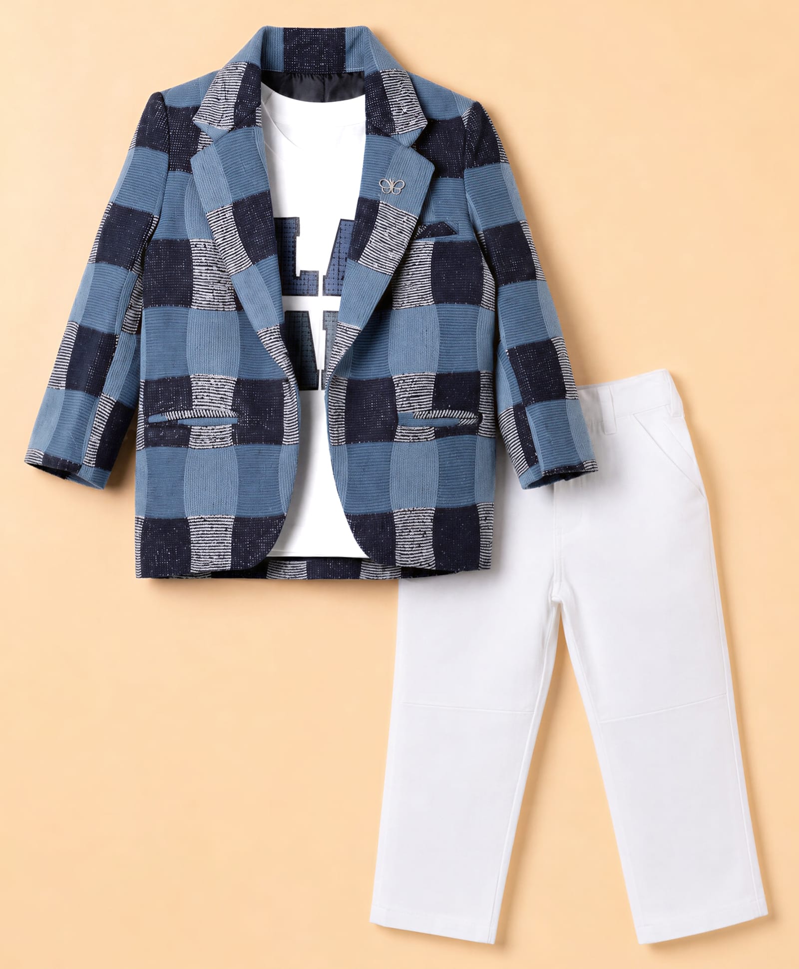 Dapper Dudes Woven Full Sleeves Checked Blazer With Play Hard Printed Tee & Pant Set-Blue-picture-12