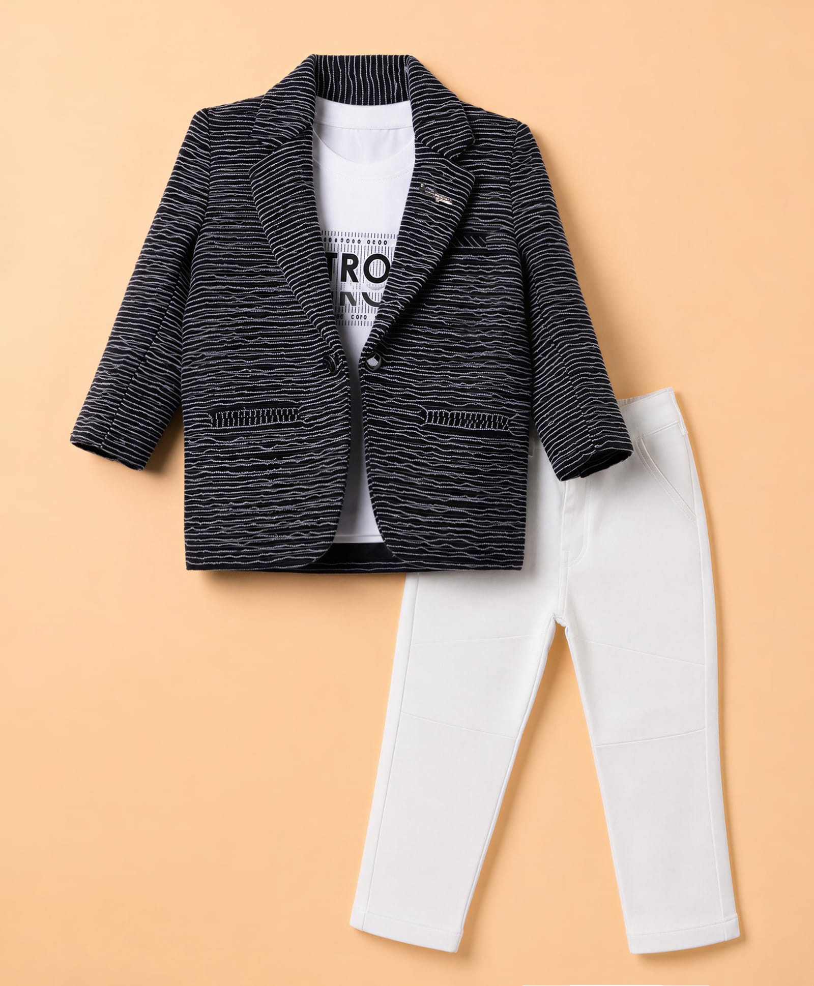 Dapper Dudes Woven Full Sleeves Striped Blazer With Be Strong Printed Tee & Pant Set- Black-image-43