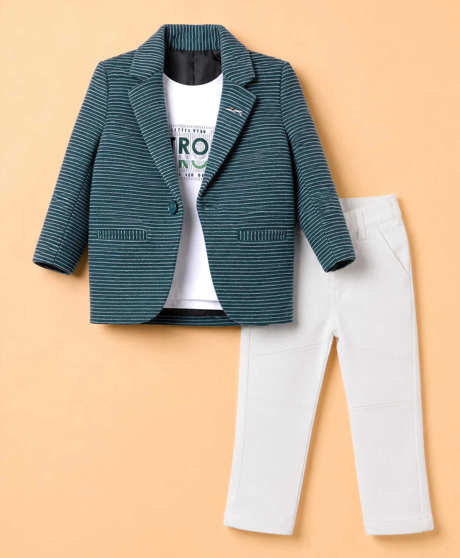 Dapper Dudes Woven Full Sleeves Striped Blazer With Be Strong Printed Tee & Pant Set-Green-image-49