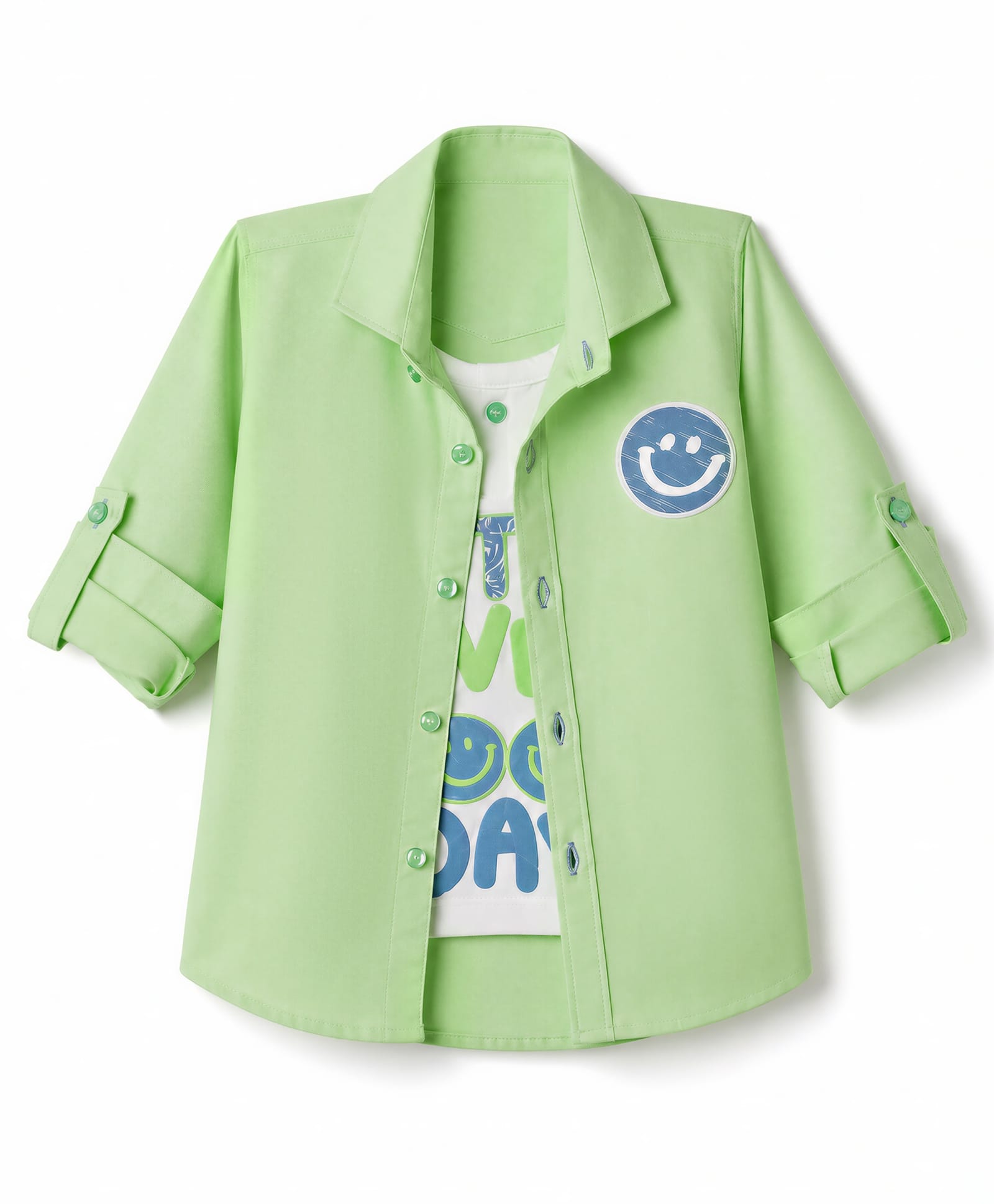 Dapper Dudes Woven Full Sleeves Solid Colour Shirt with Attached T-Shirt Smiley Face Print - Green-picture-26