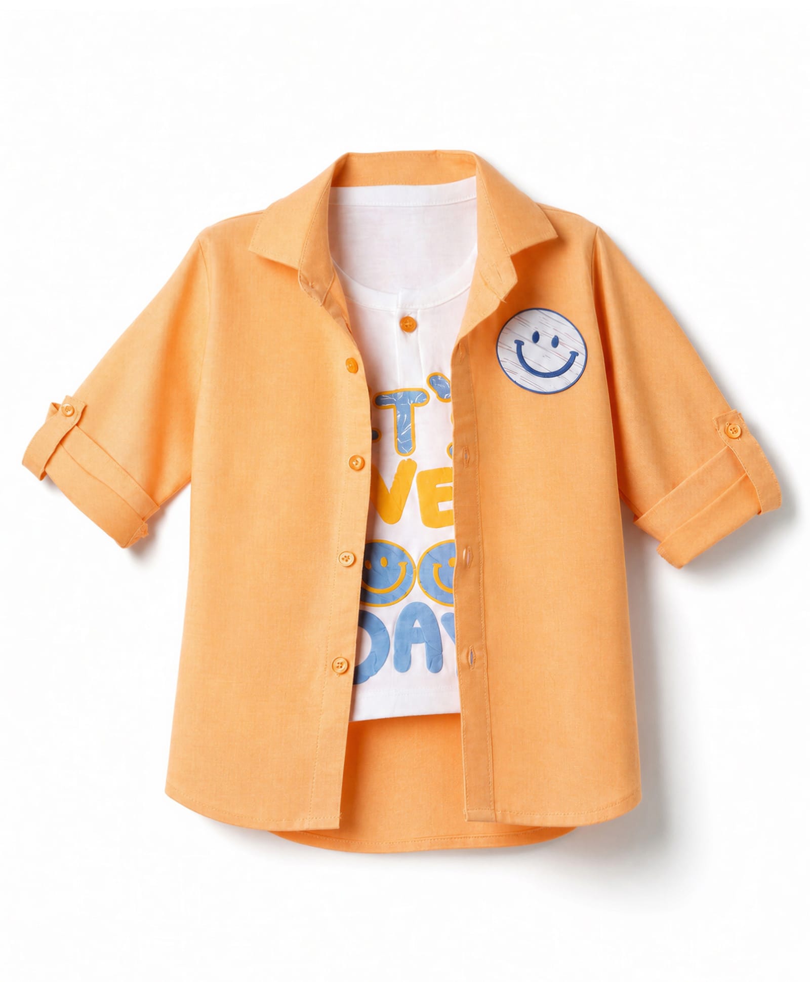 Dapper Dudes Woven Full Sleeves Solid Colour Shirt with Attached T-Shirt & Smiley Face Print- Orange-picture-24