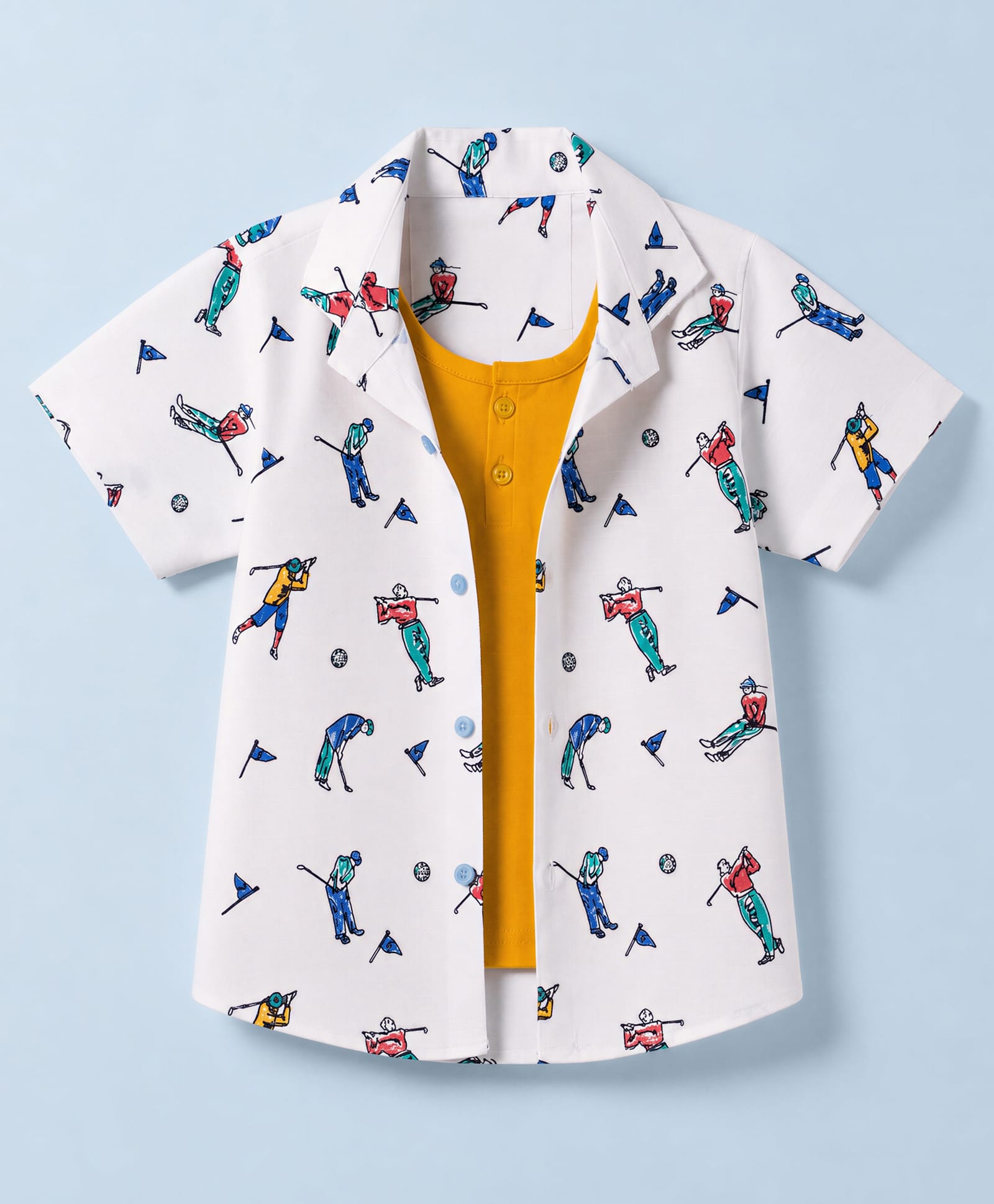 Dapper Dudes Woven Half Sleeves Golf Player Printed Shirt with Attached T-Shirt - Mustard-image-38
