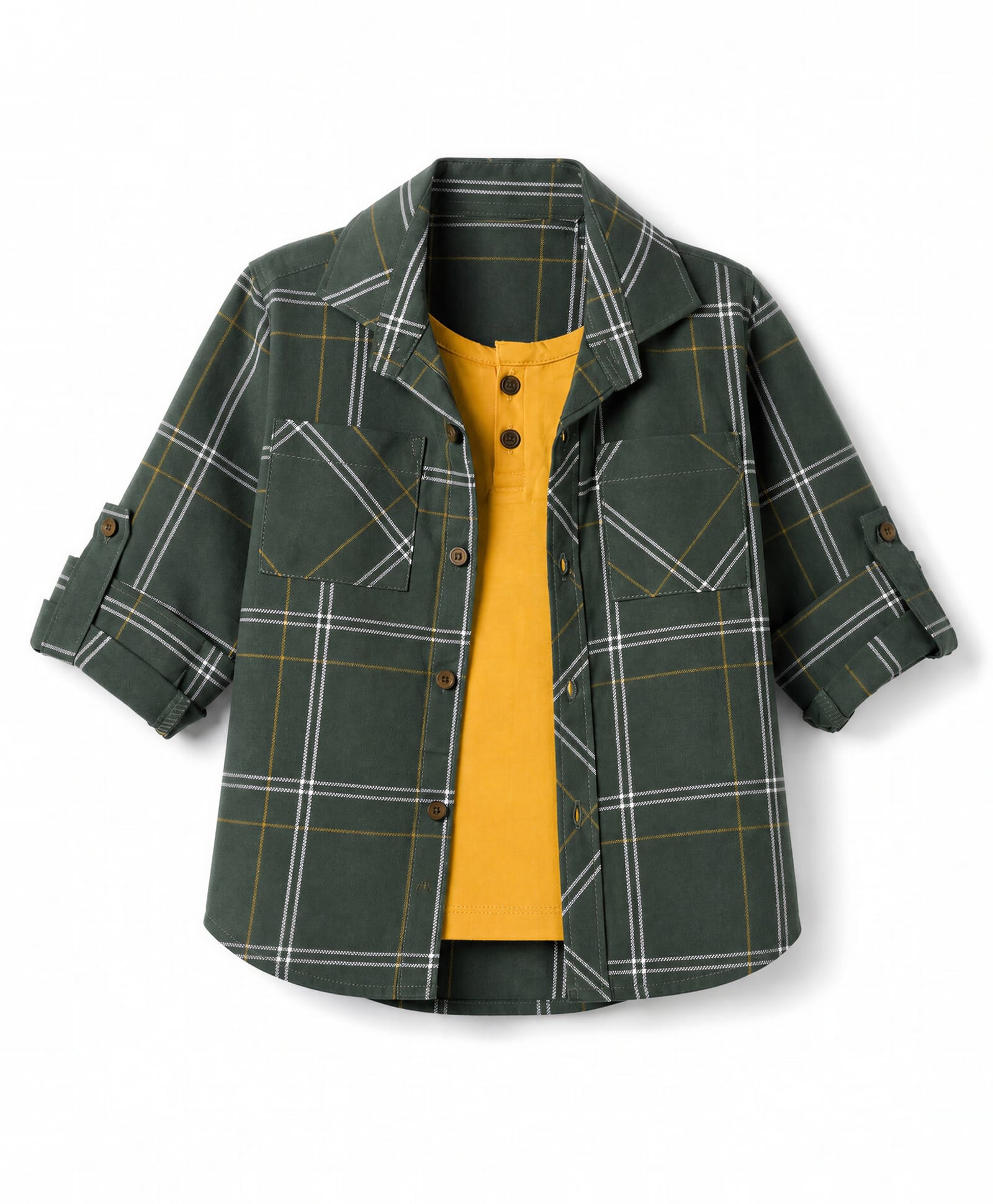 Dapper Dudes Woven Full Sleeves Checked Shirt with Attached T-Shirt - Olive Green-image-18