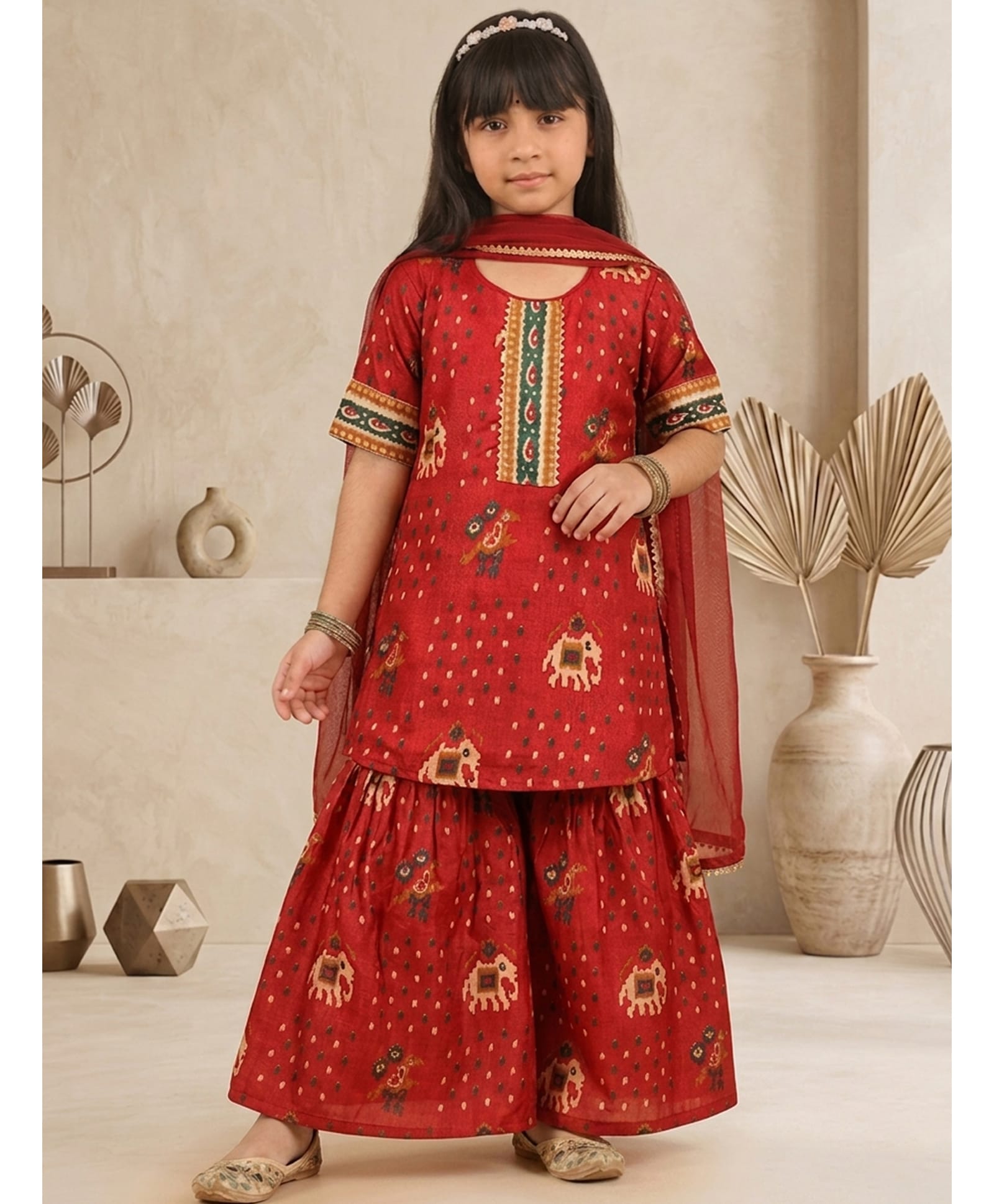 Kinder Kids Cotton Woven Half Sleeves Patola Printed Kurti & Sharara With Dupatta Set - Red-picture-10