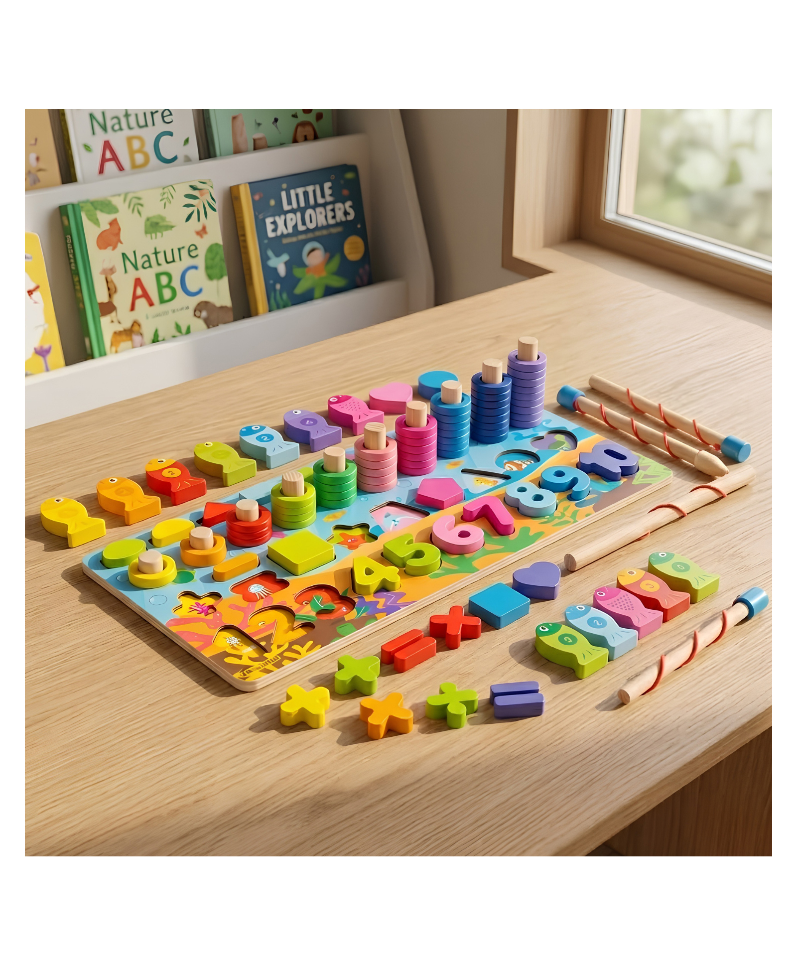 Kids Mandi 4 in 1 Wooden Montessori Logarithmic Board for Kids with Number Counting, Shape Sorting, Fishing Game, Ring Stacking & Math Learning Puzzle for Toddlers & Preschoolers-image-10