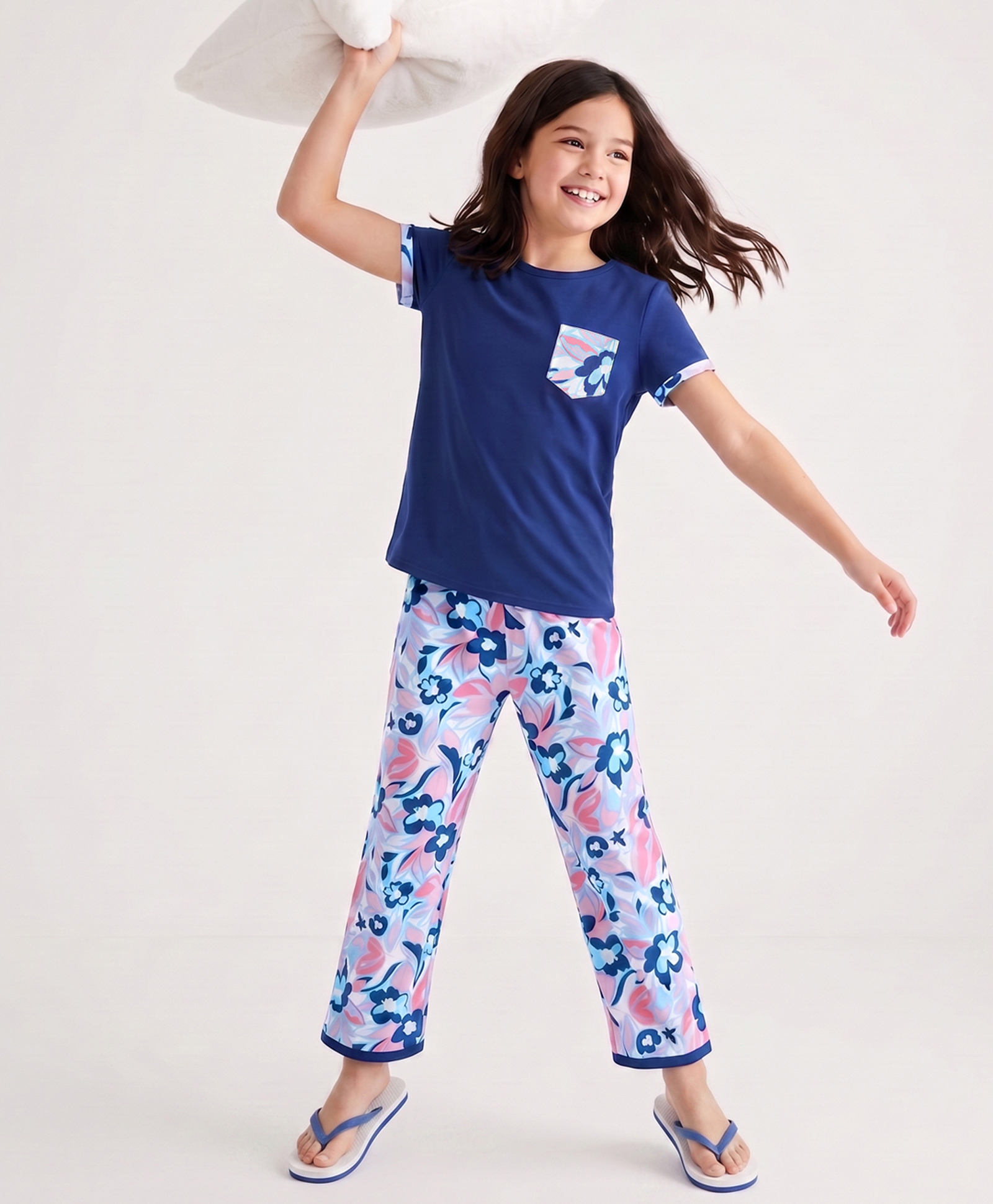Pine Kids Cotton Knit Half Sleeves Top & Pyjama Night Suit with Floral Print -Navy Blue-image-37