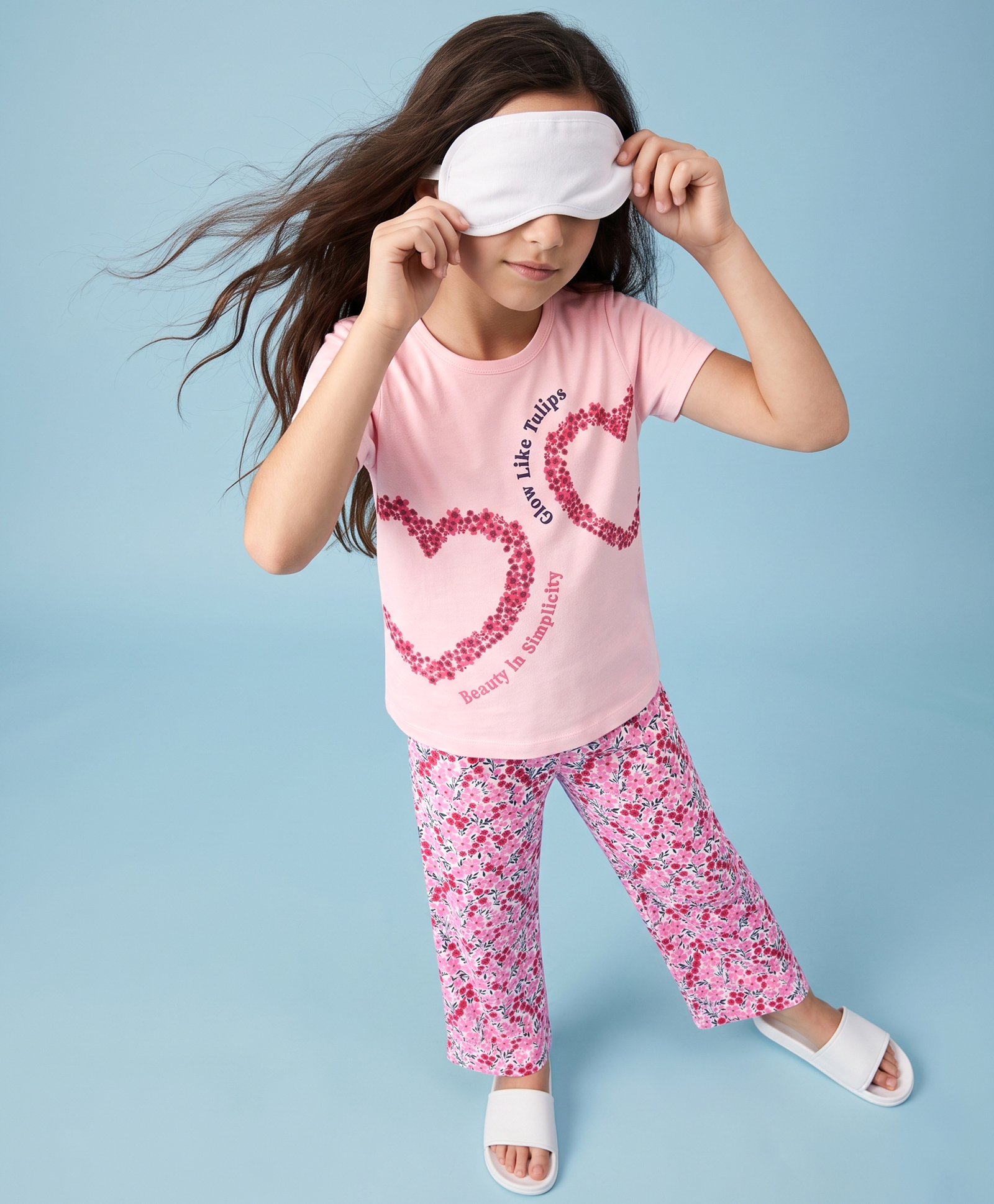 Pine Kids Cotton Knit Half Sleeves Top & Pyjama Night Suit with Heart, Text & Floral Print - Pink-image-46