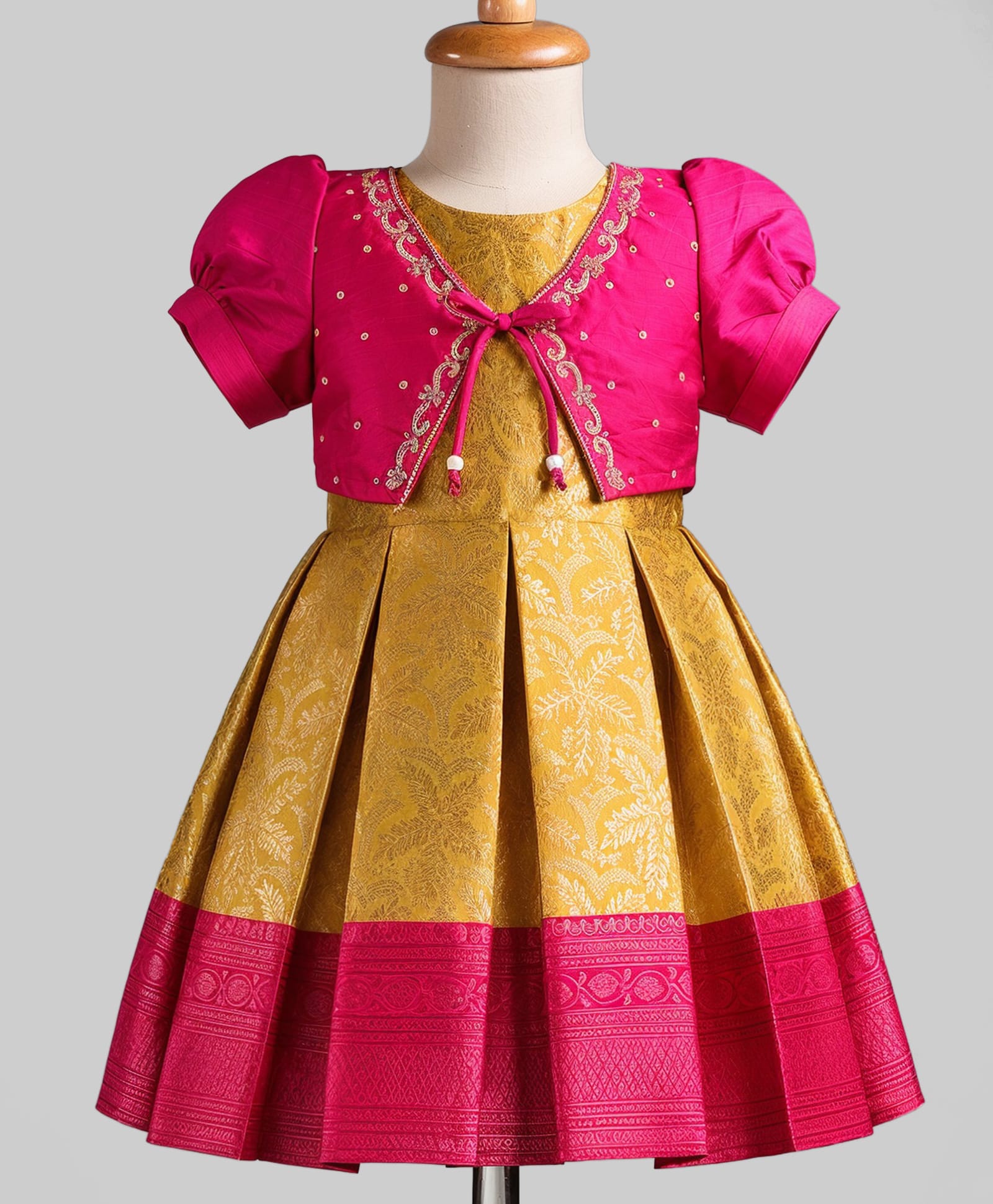 Enfance Silk Woven Half Sleeves Banarasi Printed Pattu Pavdai Dress With Embroidered Jacket - Dark Pink-image-16