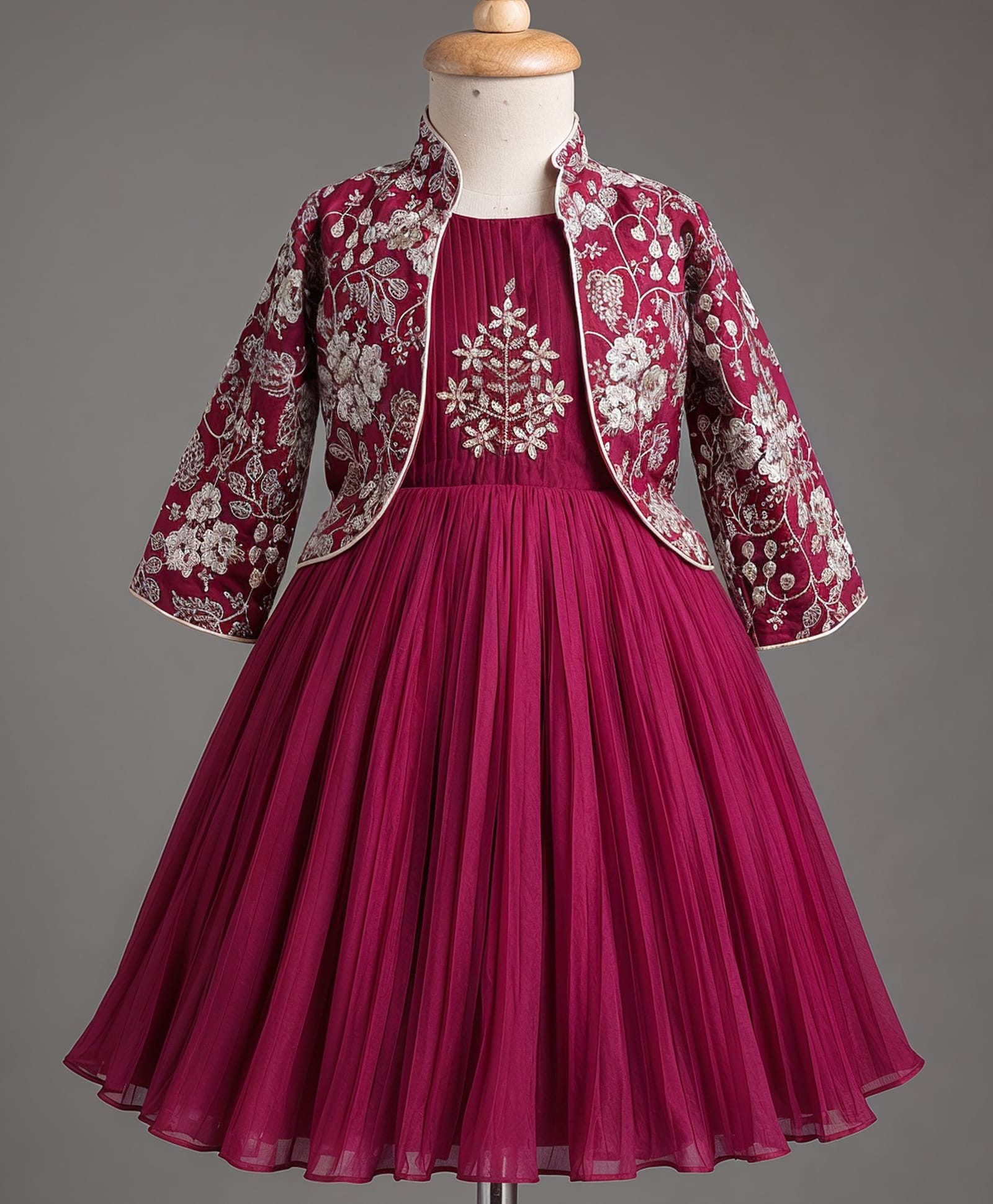 Enfance Cotton Silk Woven Three Fourth Sleeves Embroidery Embellished & Hand Worked Dress With Jacket- Maroon-image-47