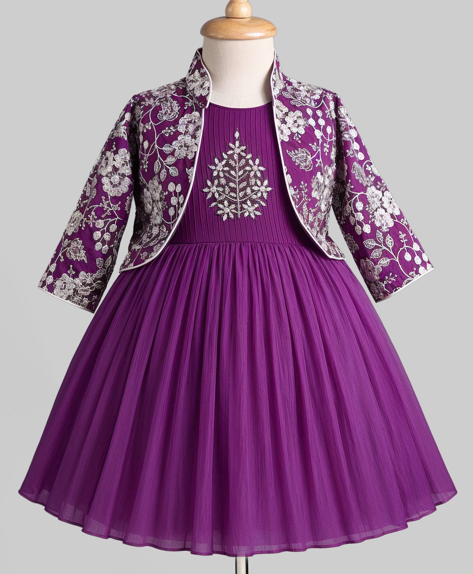 Enfance Cotton Silk Woven Three Fourth Sleeves Embroidery Embellished & Hand Worked Dress With Jacket- Purple-picture-30