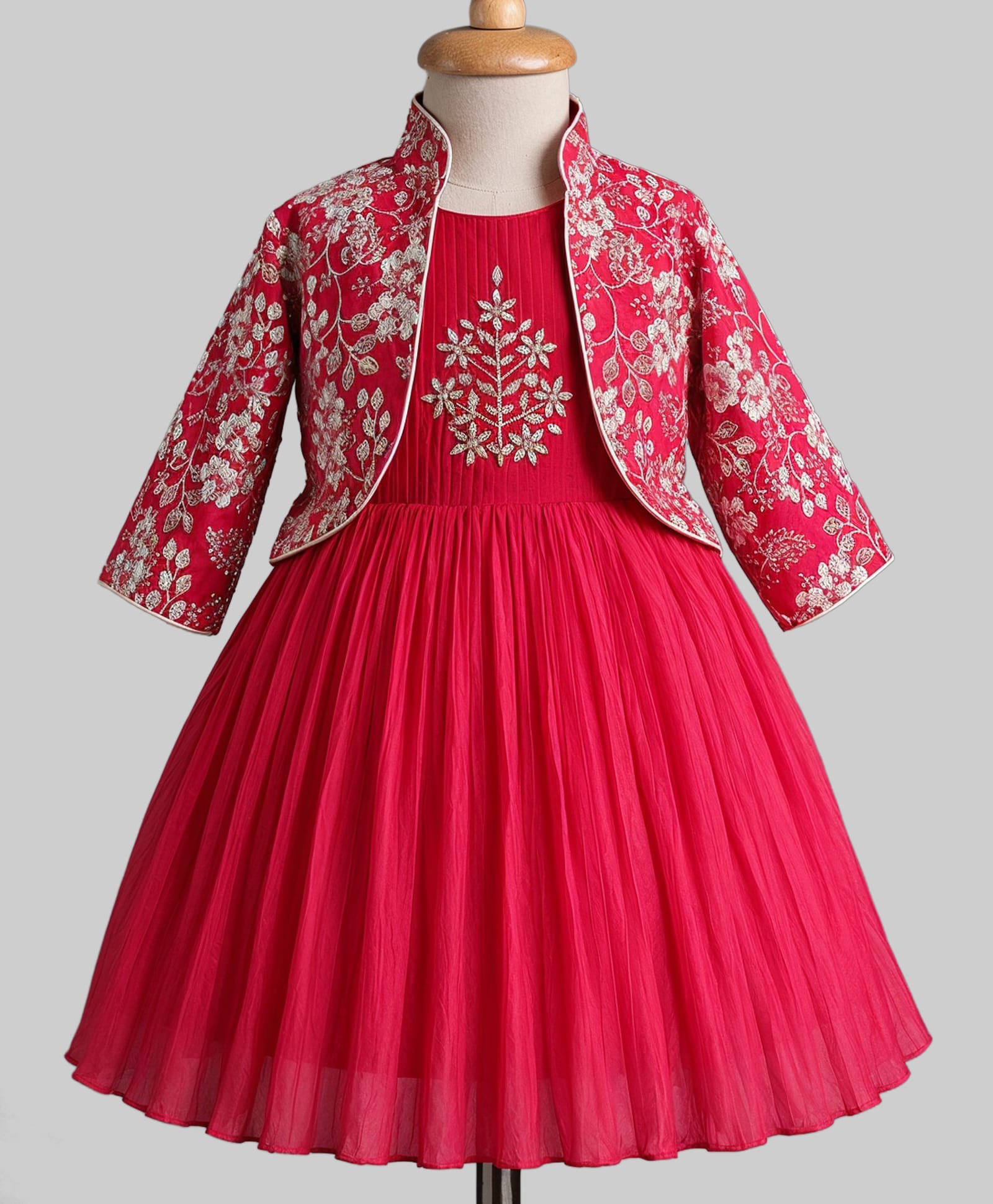 Enfance Cotton Silk Woven Three Fourth Sleeves Embroidery Embellished & Hand Worked Dress With Jacket- Dark Pink-picture-39
