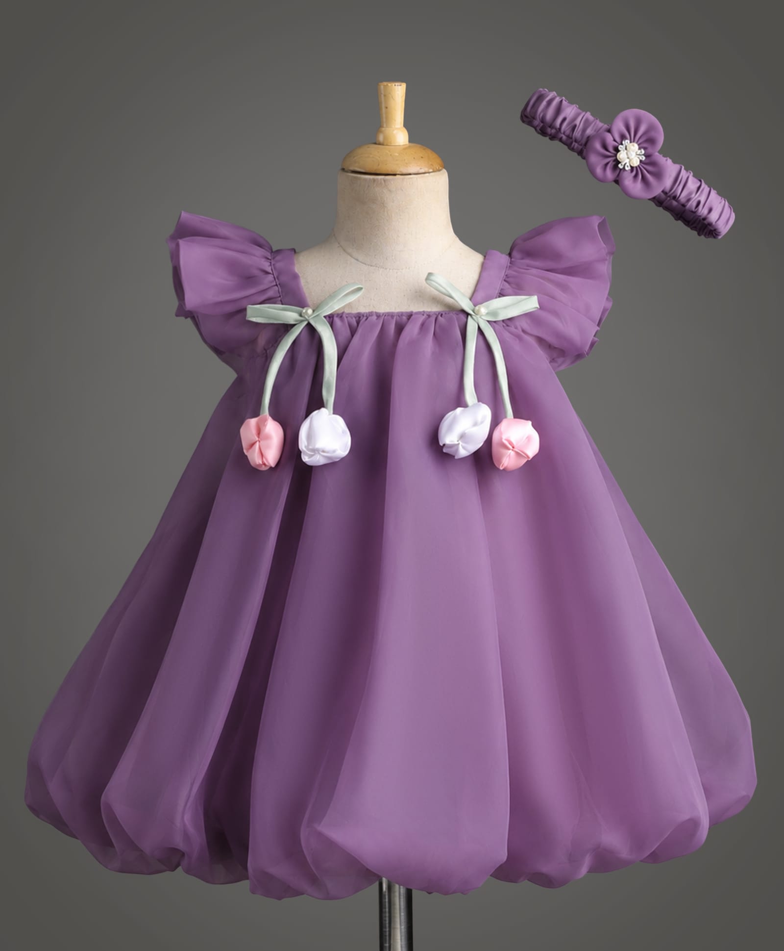 Enfance Woven Half Sleeves Bow & Rose Applique Party Dress With Headband - Purple-picture-23