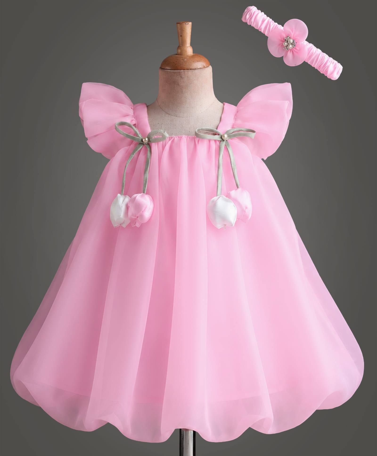 Enfance Woven Half Sleeves Bow & Rose Applique Party Dress With Headband - Pink-picture-12