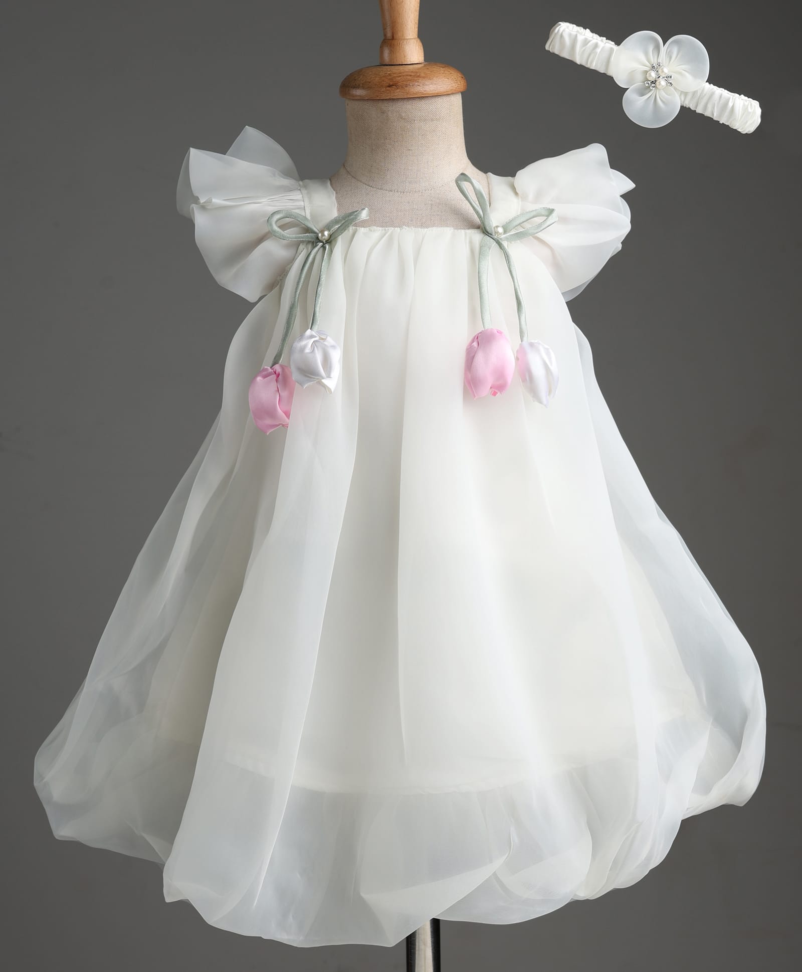 Enfance Woven Half Sleeves Bow & Rose Applique Party Dress With Headband - Cream-picture-20