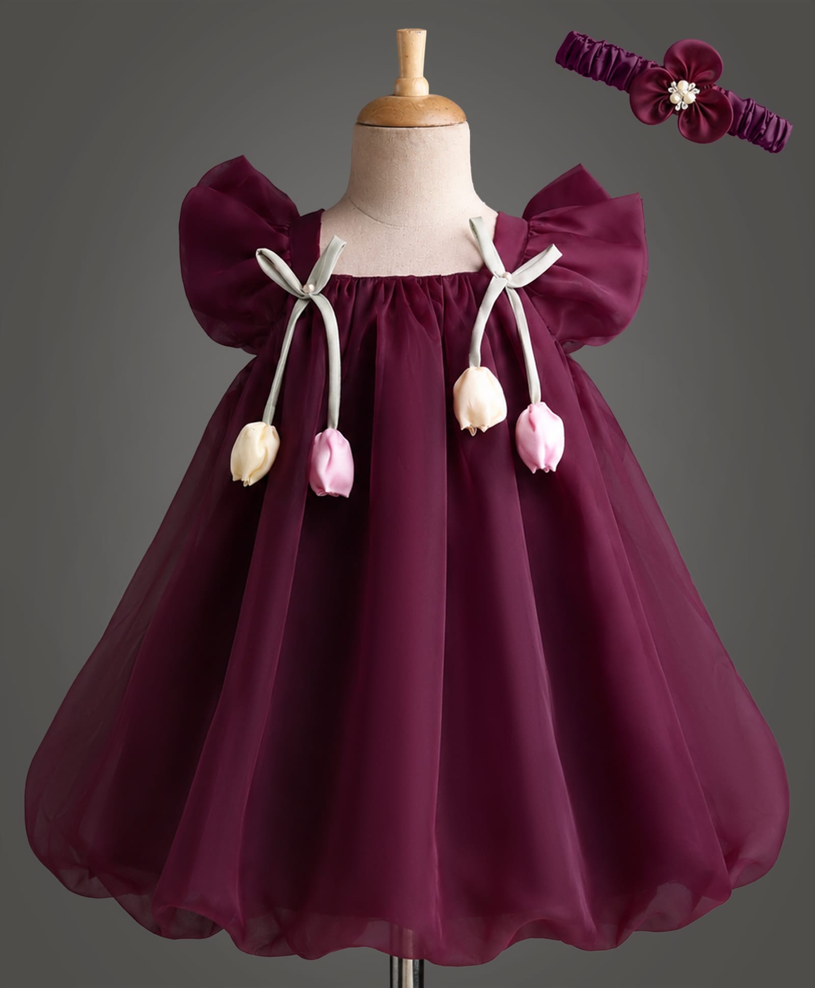 Enfance Woven Half Sleeves Bow & Rose Applique Party Dress With Headband - Wine-picture-26