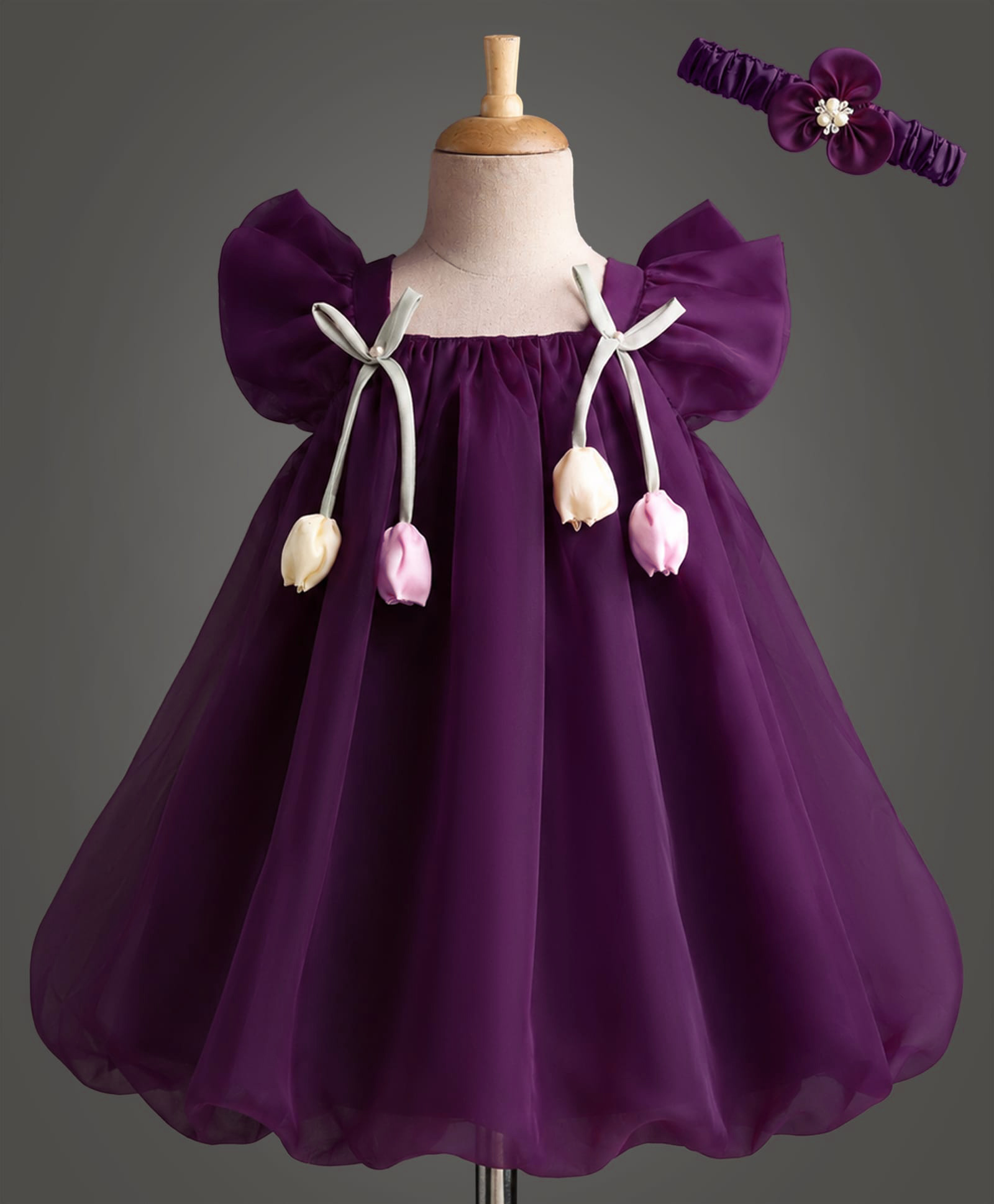 Enfance Woven Half Sleeves Bow & Rose Applique Party Dress With Headband - Wine-picture-40