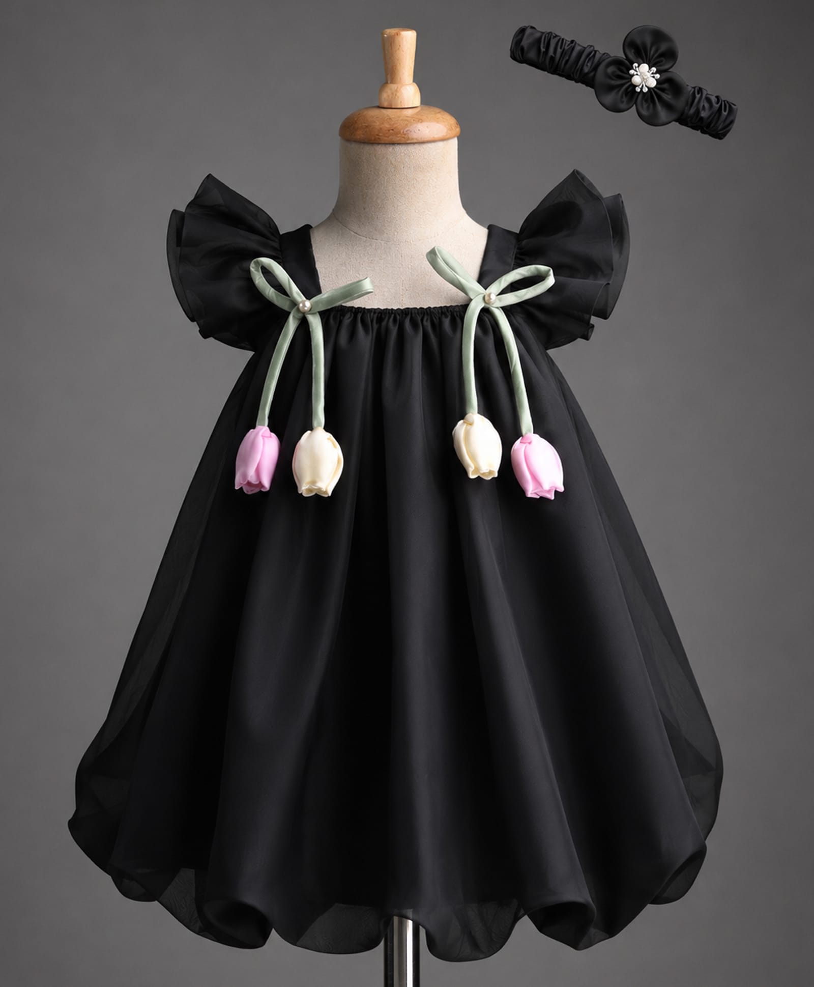 Enfance Woven Half Sleeves Bow & Rose Applique Party Dress With Headband - Black-picture-23