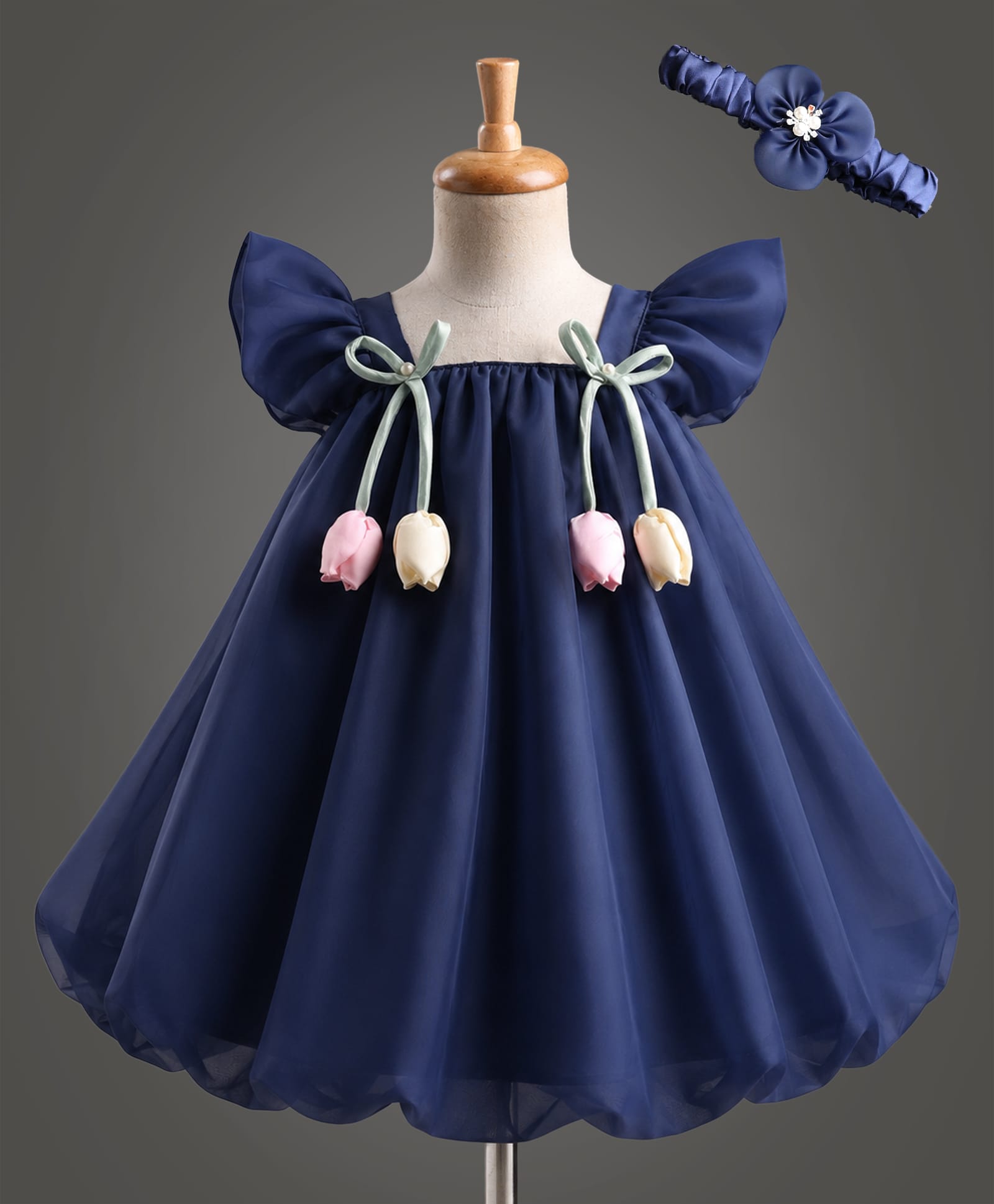 Enfance Woven Half Sleeves Bow & Rose Applique Party Dress With Headband - Navy Blue-picture-45