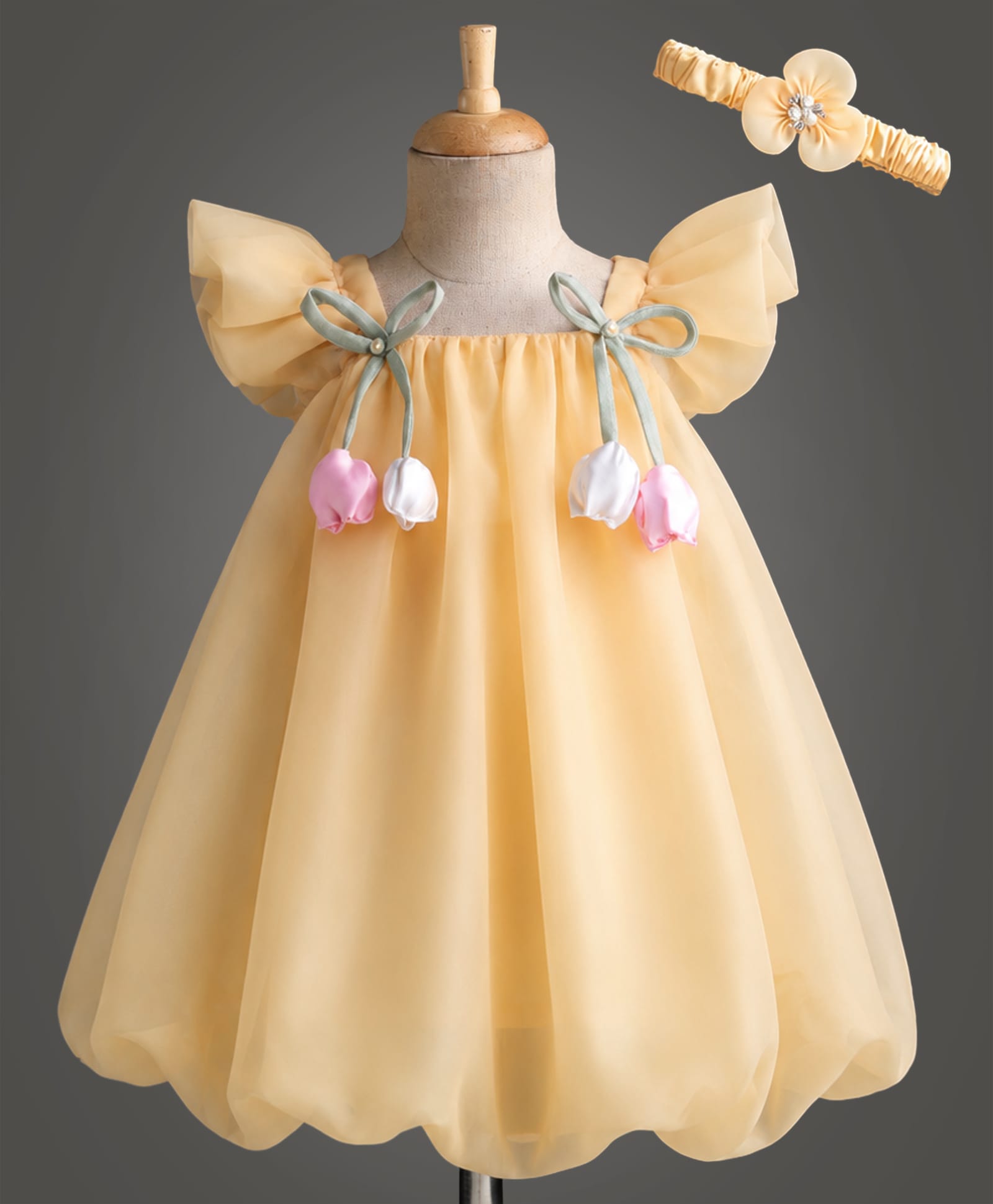 Enfance Woven Half Sleeves Bow & Rose Applique Party Dress With Headband - Cream-picture-32
