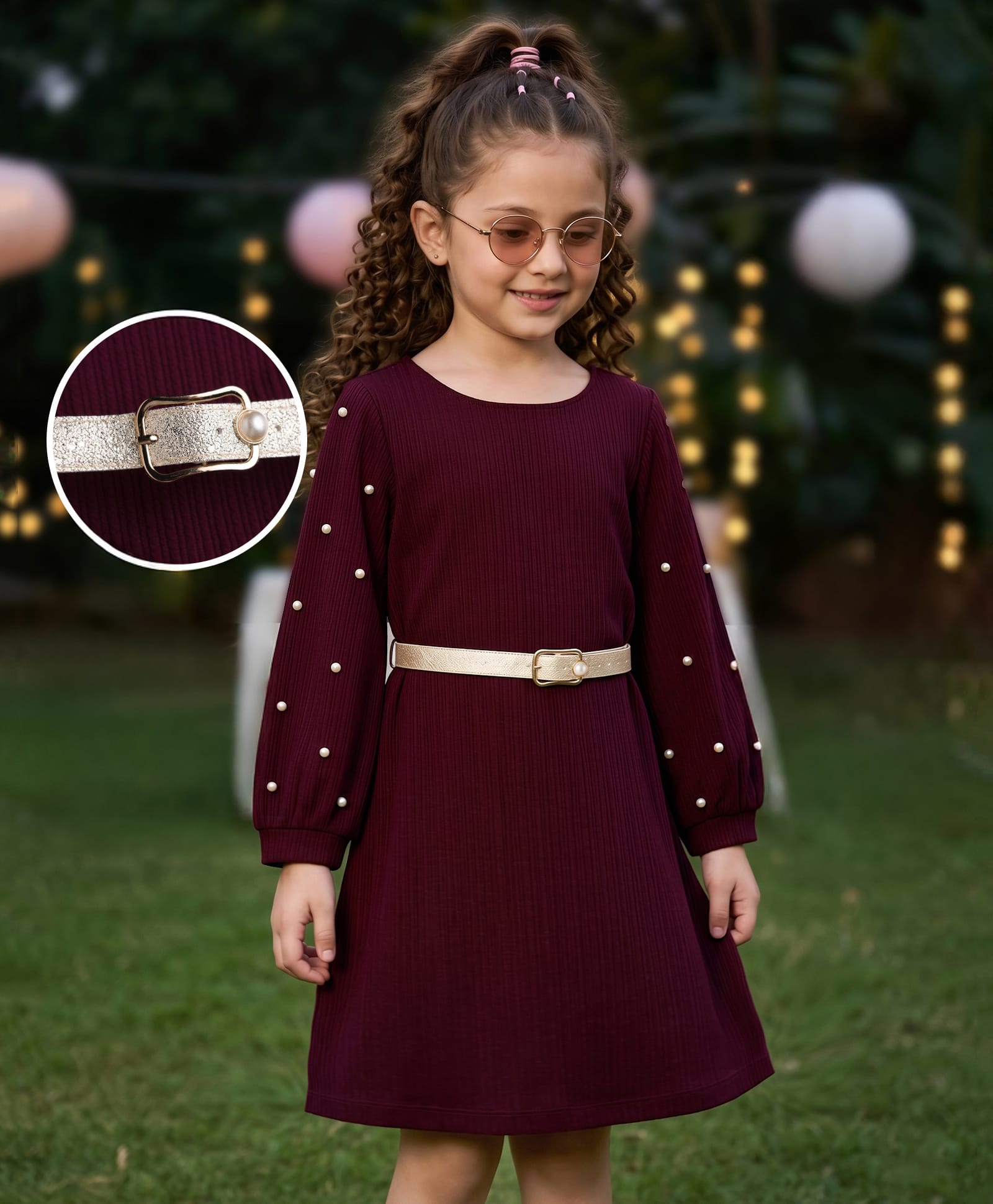 Hola Bonita Knit Full Sleeves Texture Dress With Stone Embellished & Belt - Wine-image-8